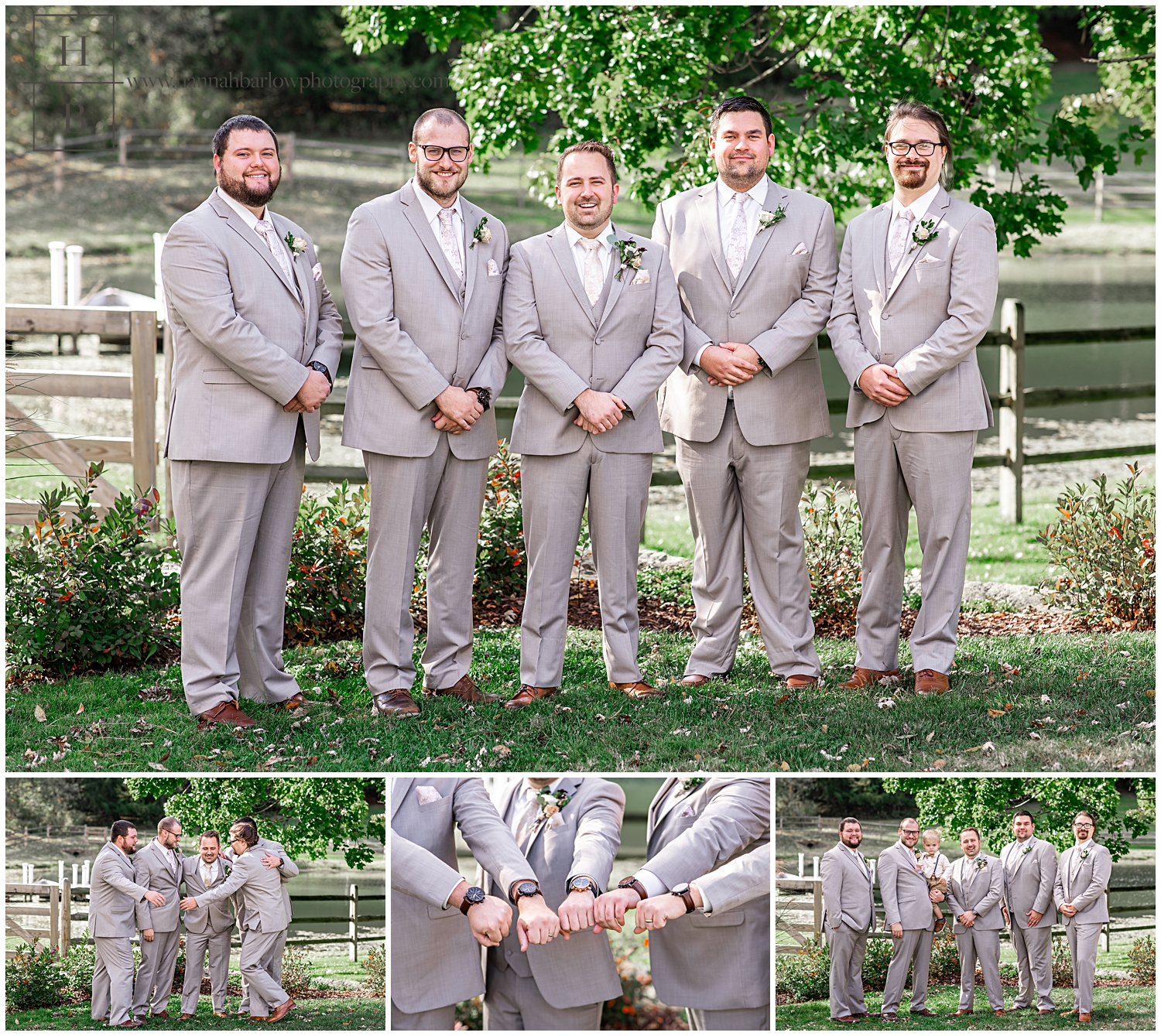 Groomsmen in tan tuxes pose with groom.