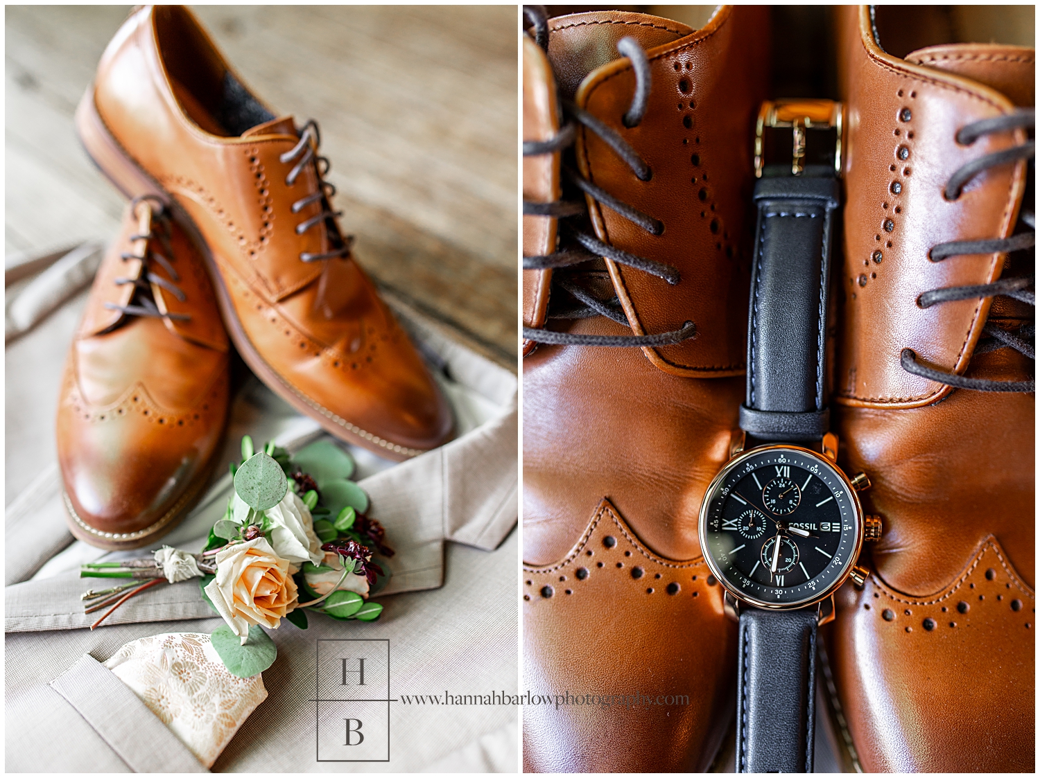 Brown groom's shoes and watch detail photos.