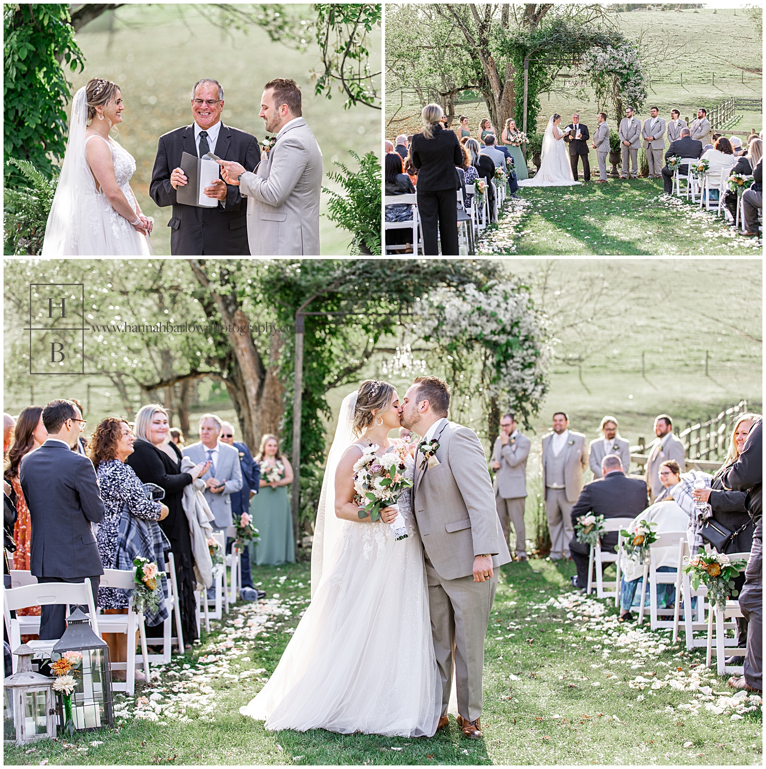 Collage of bride and groom getting married under grass covered arbor.