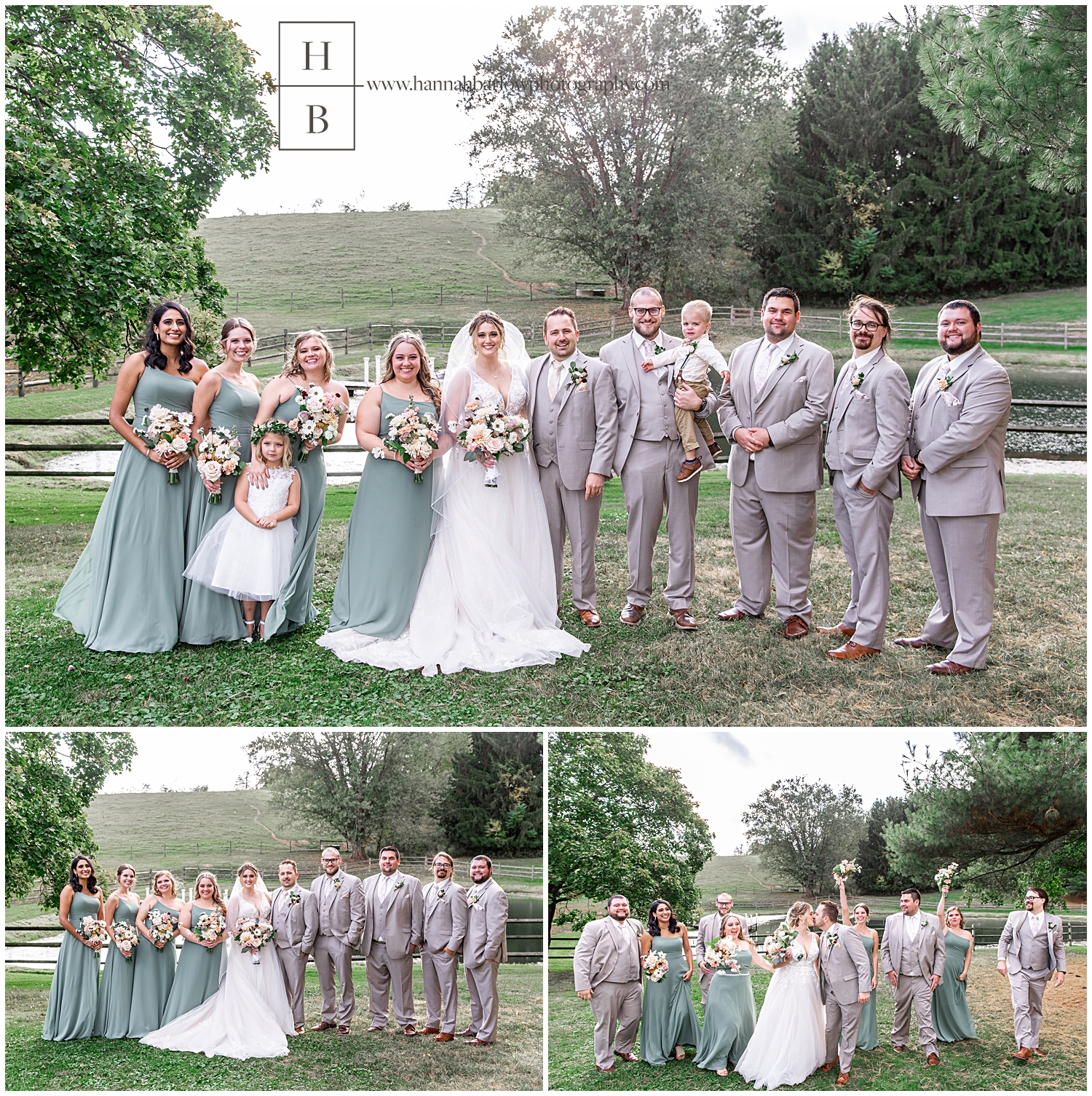 Bridesmaids in sage green dresses pose with groomsmen in tan tuxes for bridal party photos.