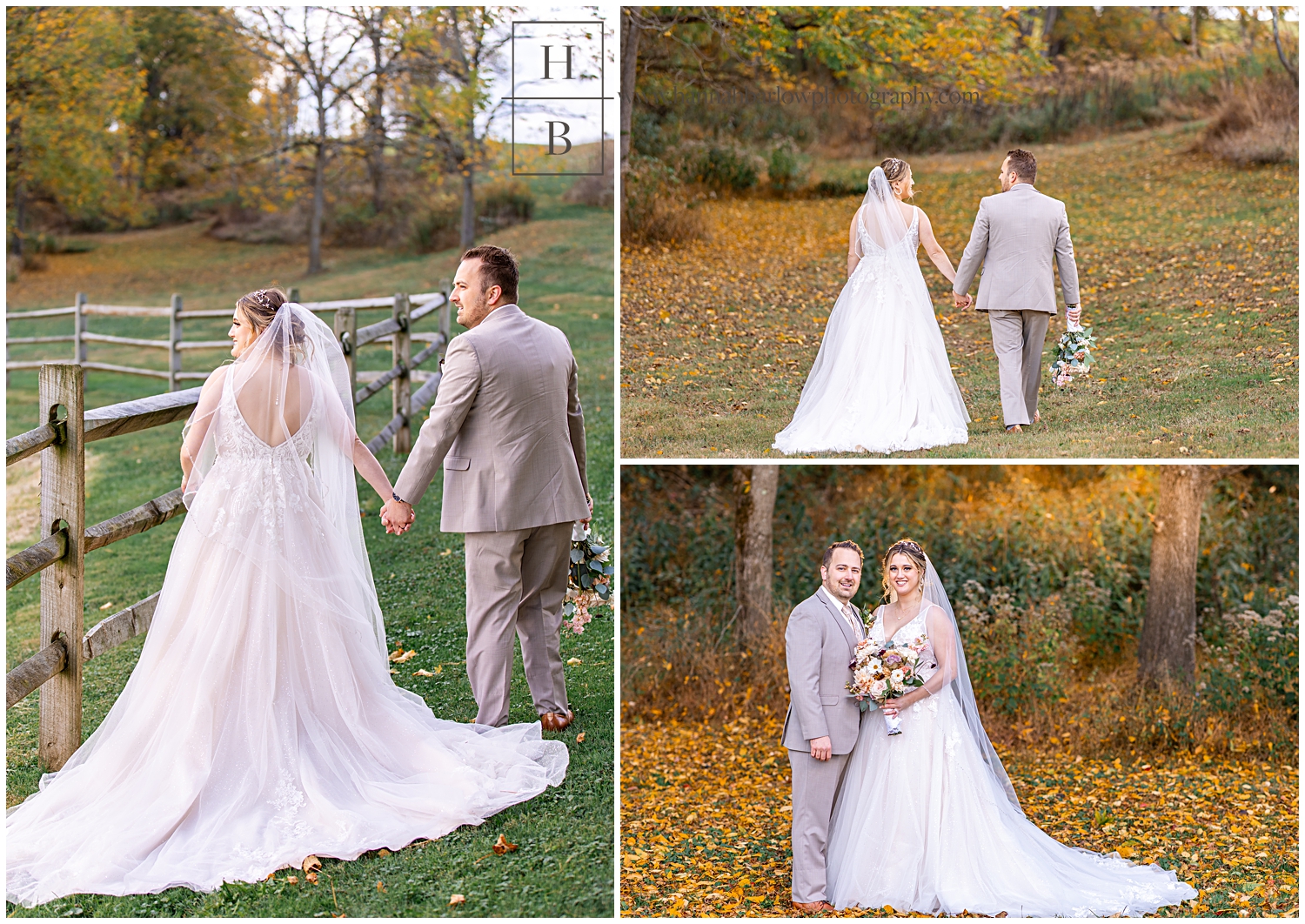 Bride and groom pose in orange fall leaves for wedding photos.