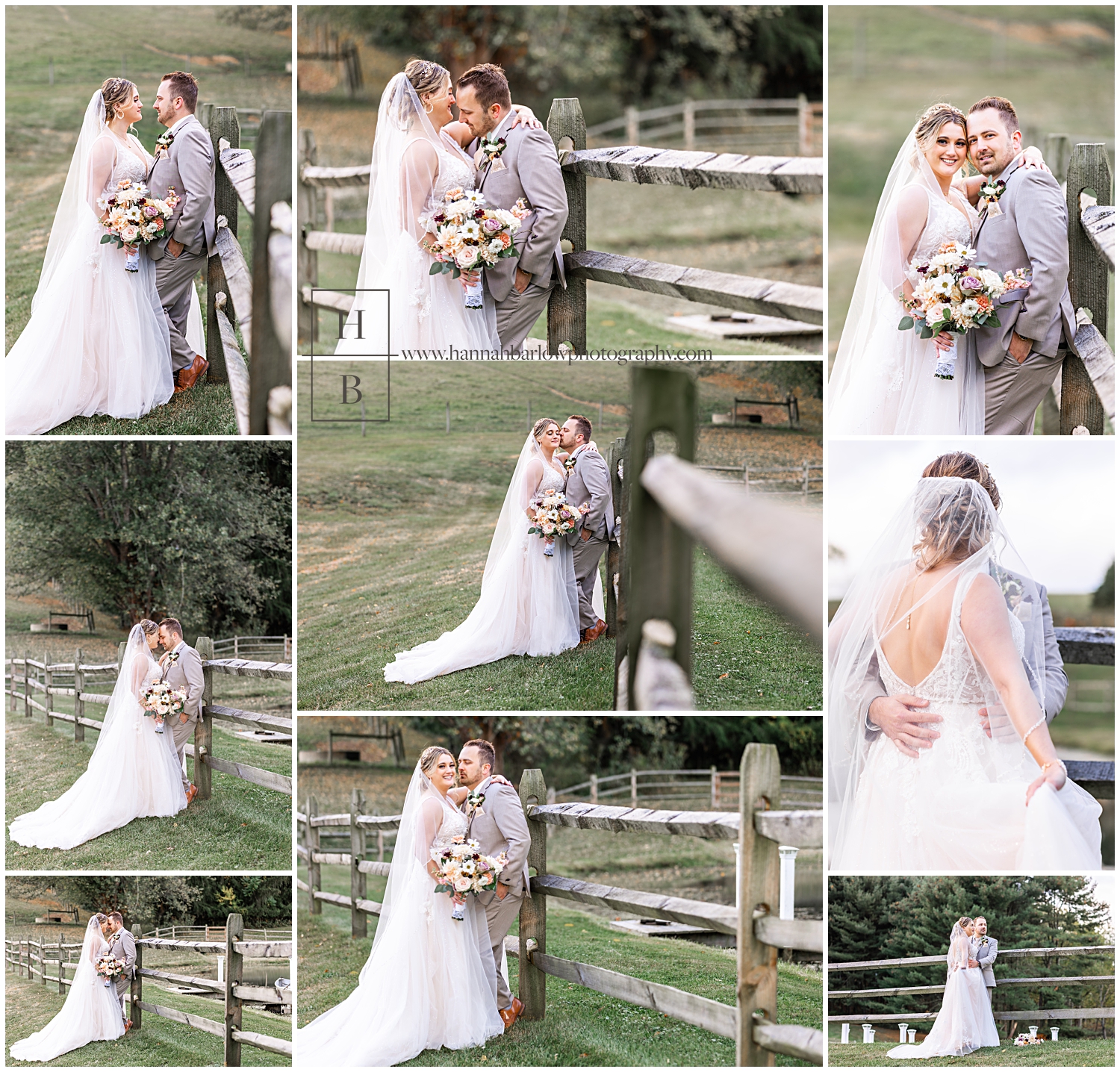 Groom leans against fence and embraces bride for wedding photos.