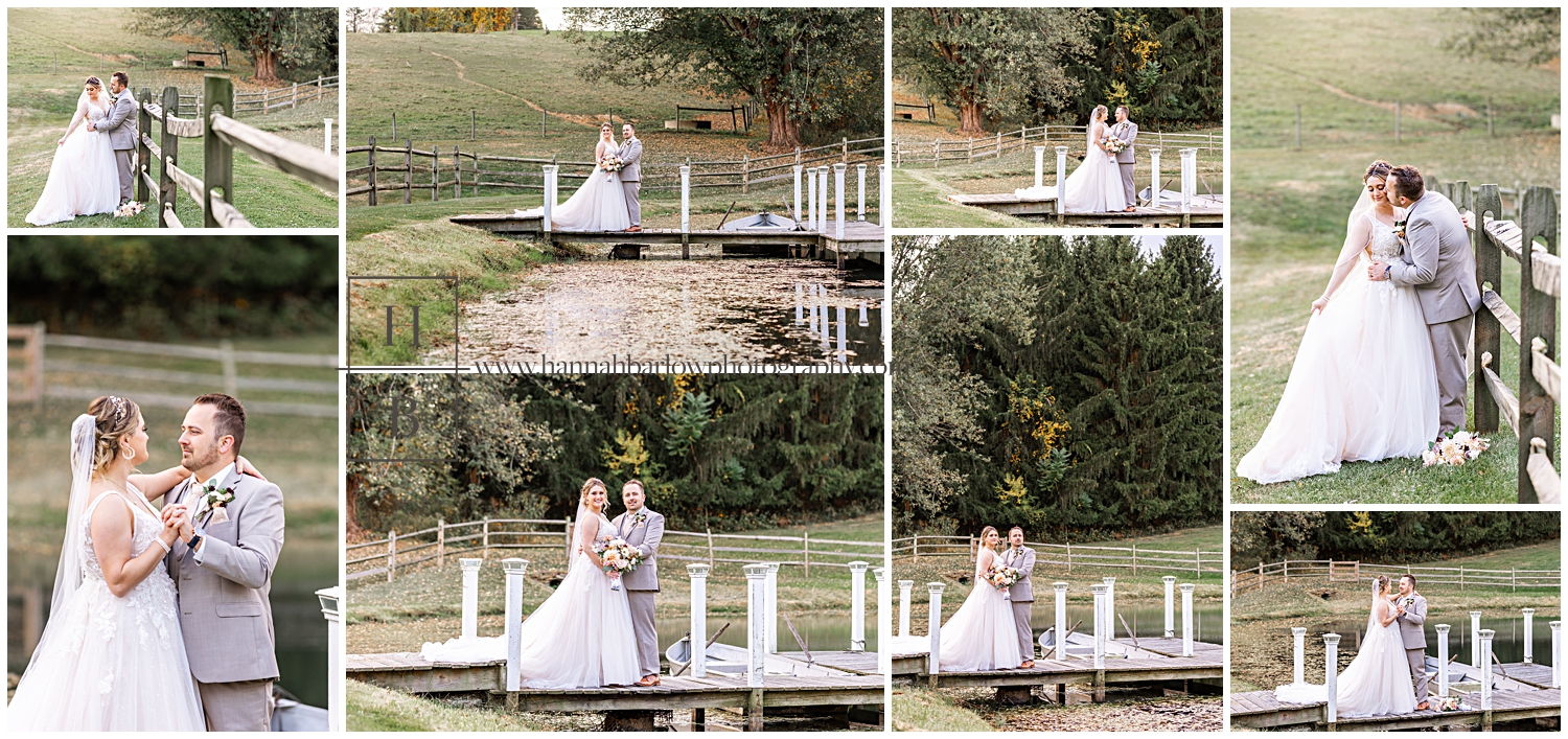 Bride and groom stand on dock for wedding photos.