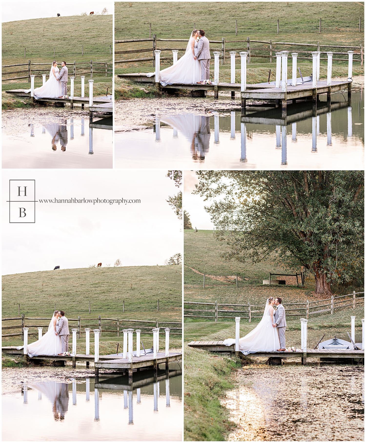 Bride and groom stand on dock for wedding photos with reflection in lake.