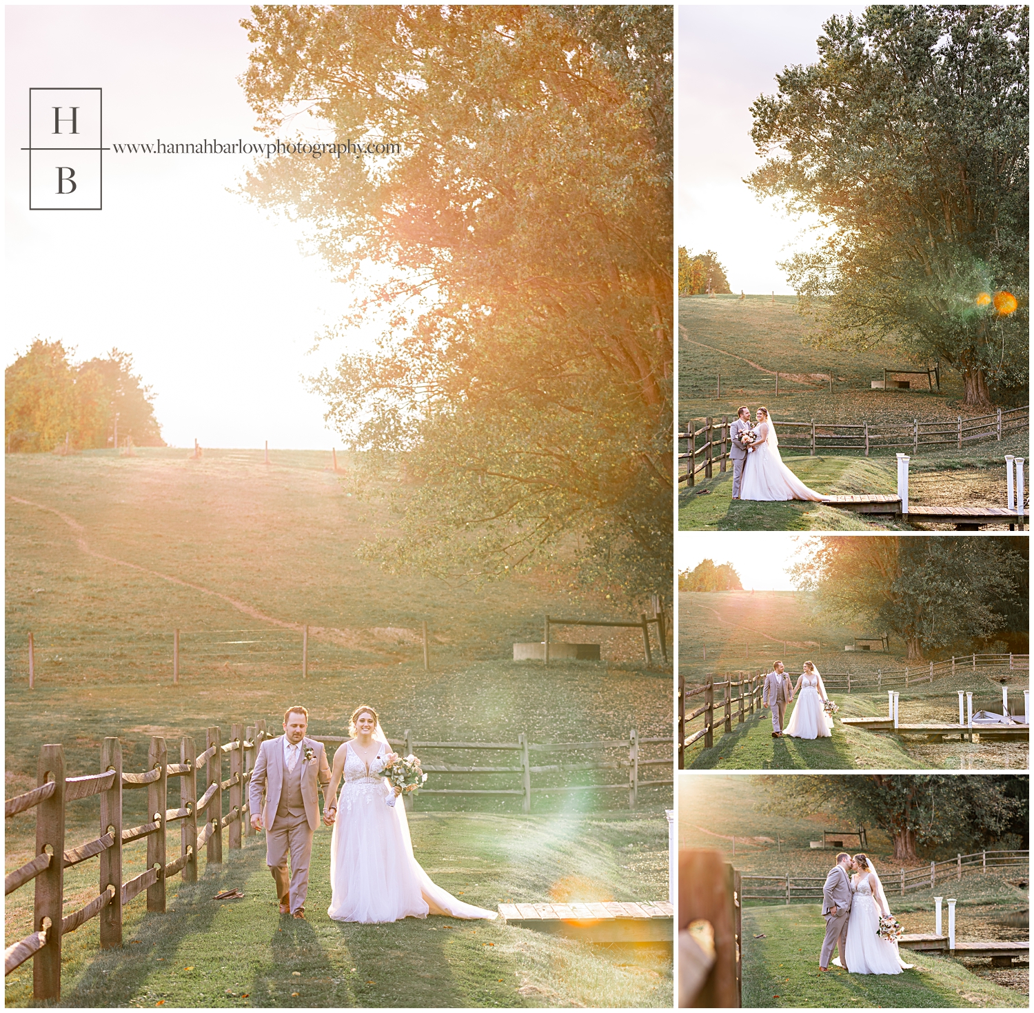 Bride and groom walk toward photographer with intense golden hour light in background.