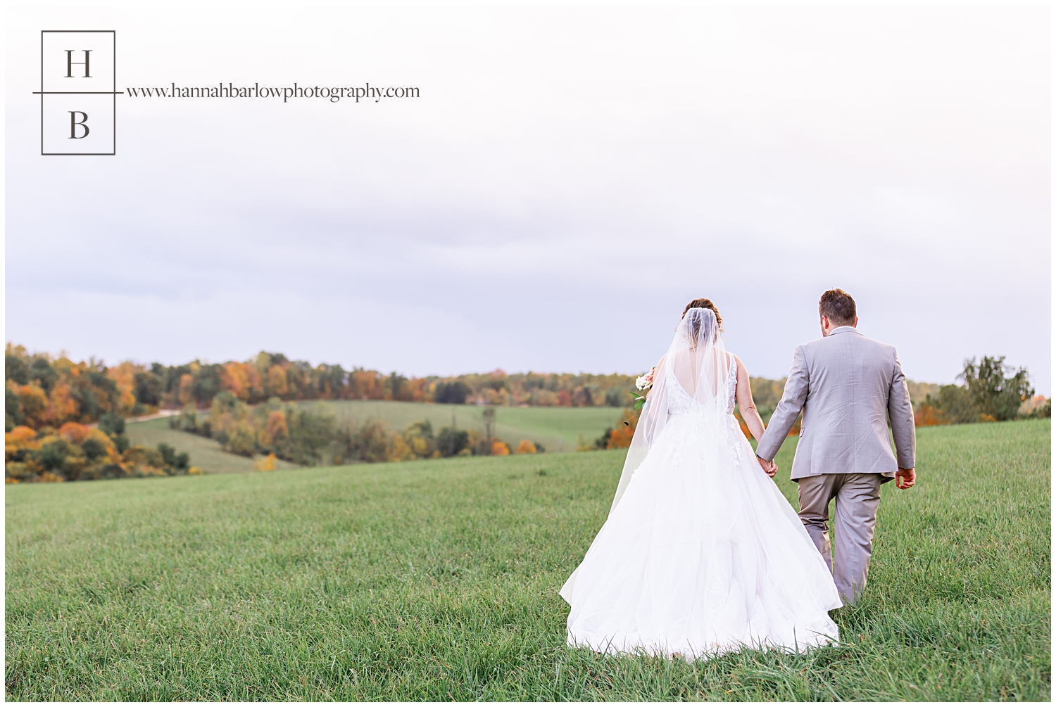 Bride and groom walk on hill top with fall leave background.