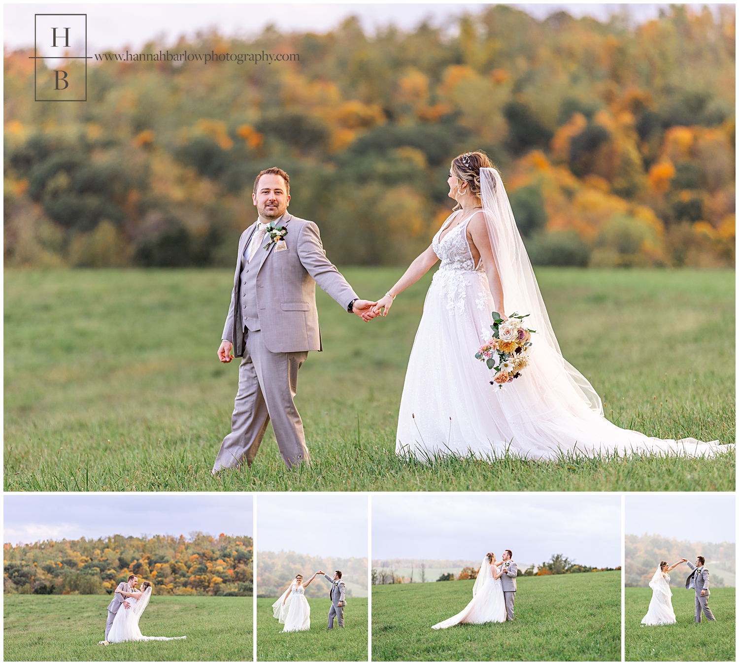 Bride and groom walk through field with fall leaves in background.