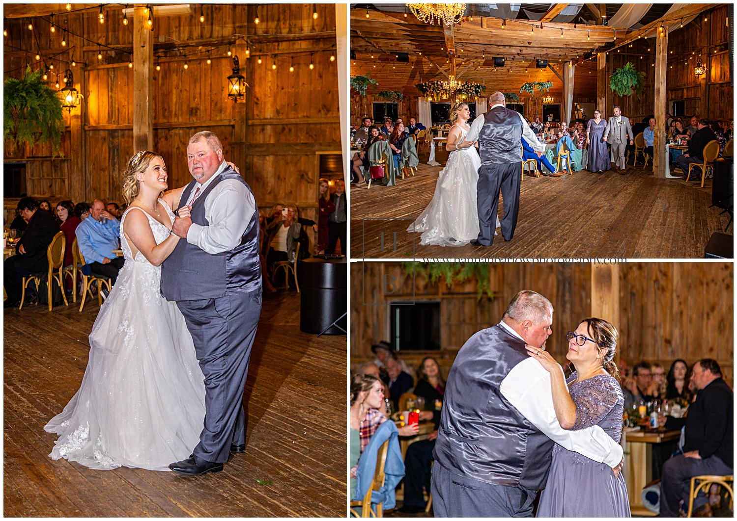Couple dances with parents at wedding reception.