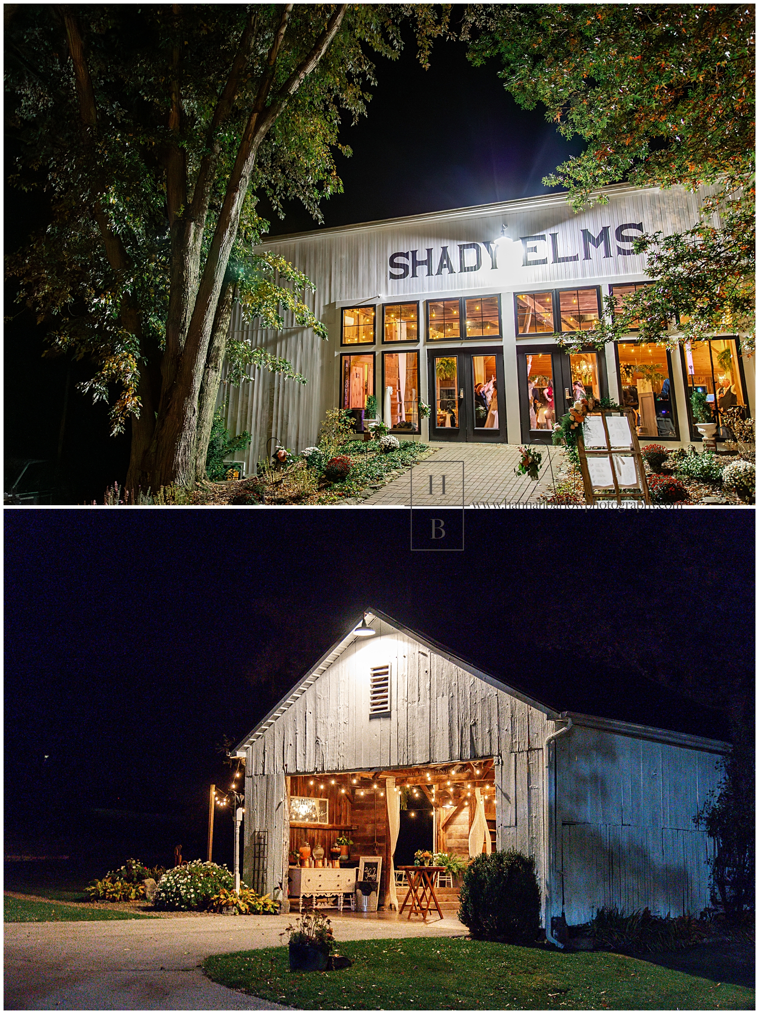 Nighttime photos of Shady Elms barn wedding reception.