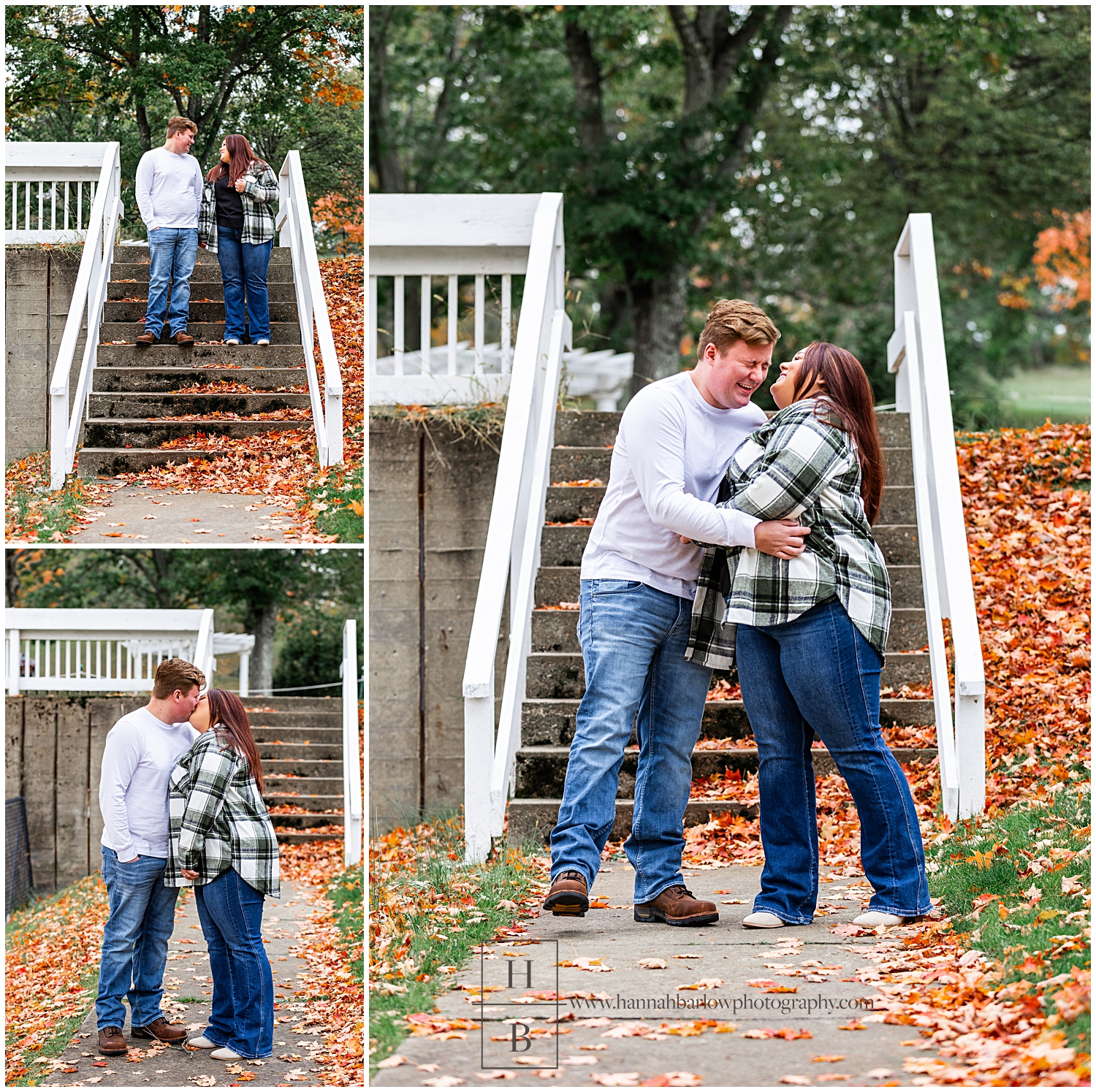 Couple walks down steps wearing flannel for fall photos