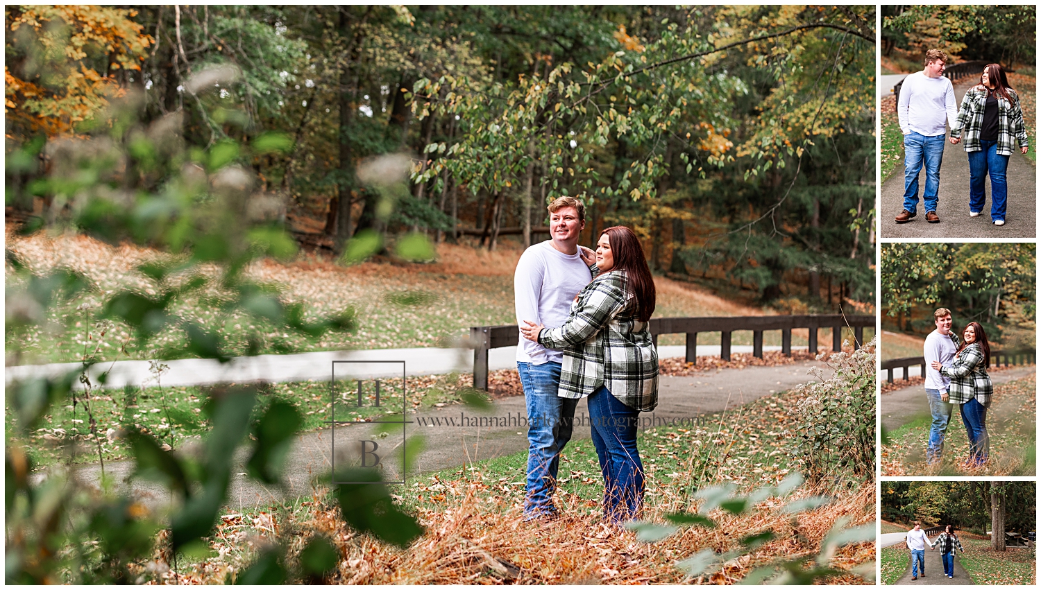 Look poses for engagement photos and gazes away in the fall forest.