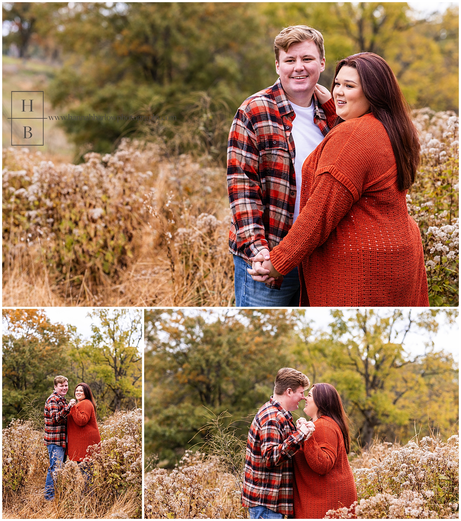 Woman in orange sweater poses for fall photos.