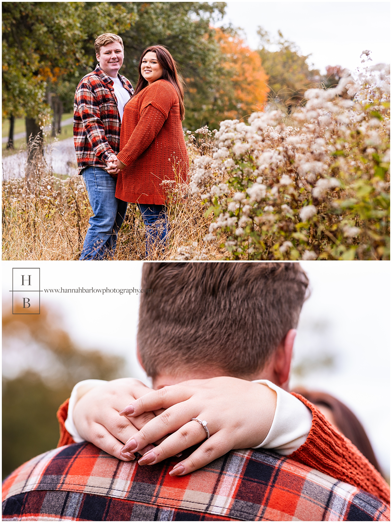 Man and woman stand in brown fall field for engagement photos.