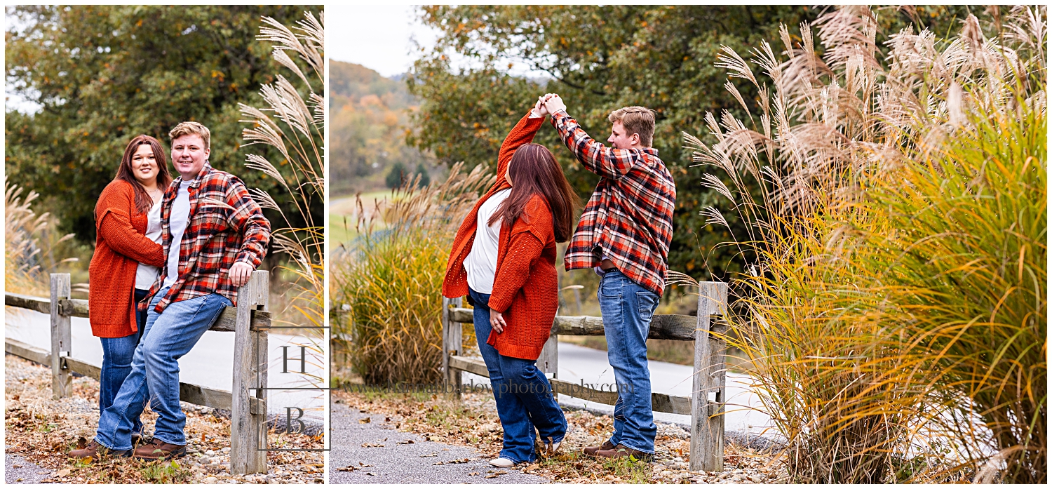 Man stands and spins woman for fall engagement photos.