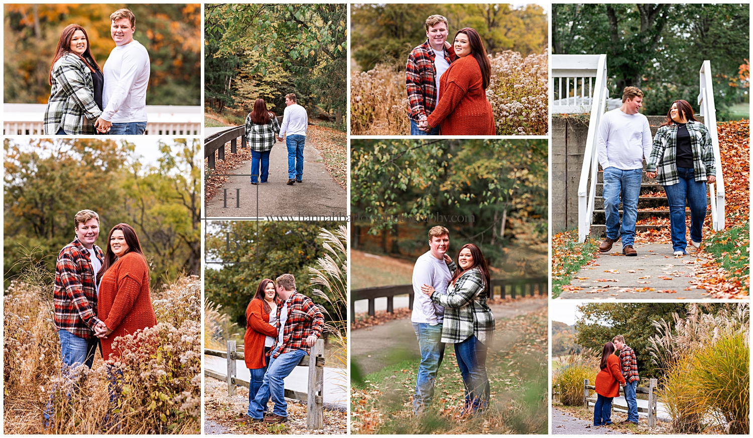 Couple wearing flannel pose for fall engagement photos.