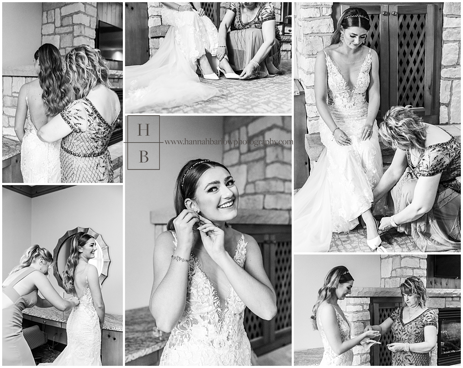 Black and white photo collage of bride getting ready in Oglebay lodge.