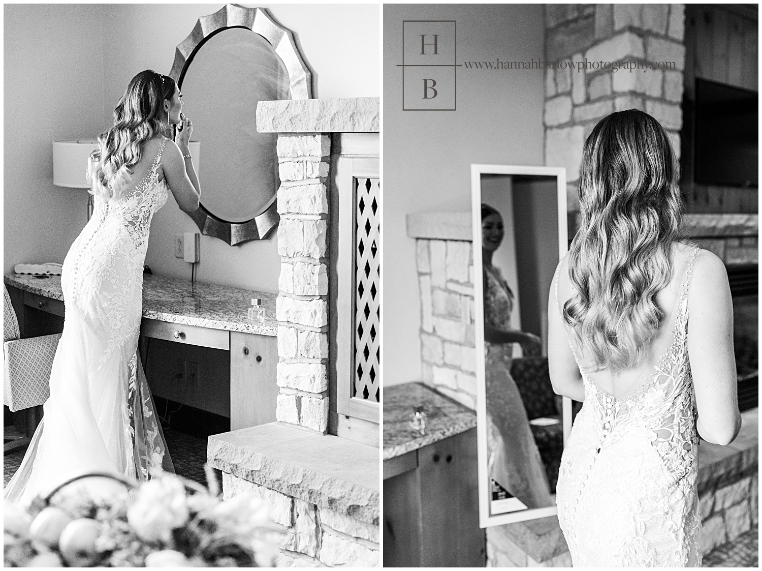 Black and white photos of bride looking at herself in mirror an applying lipstick.