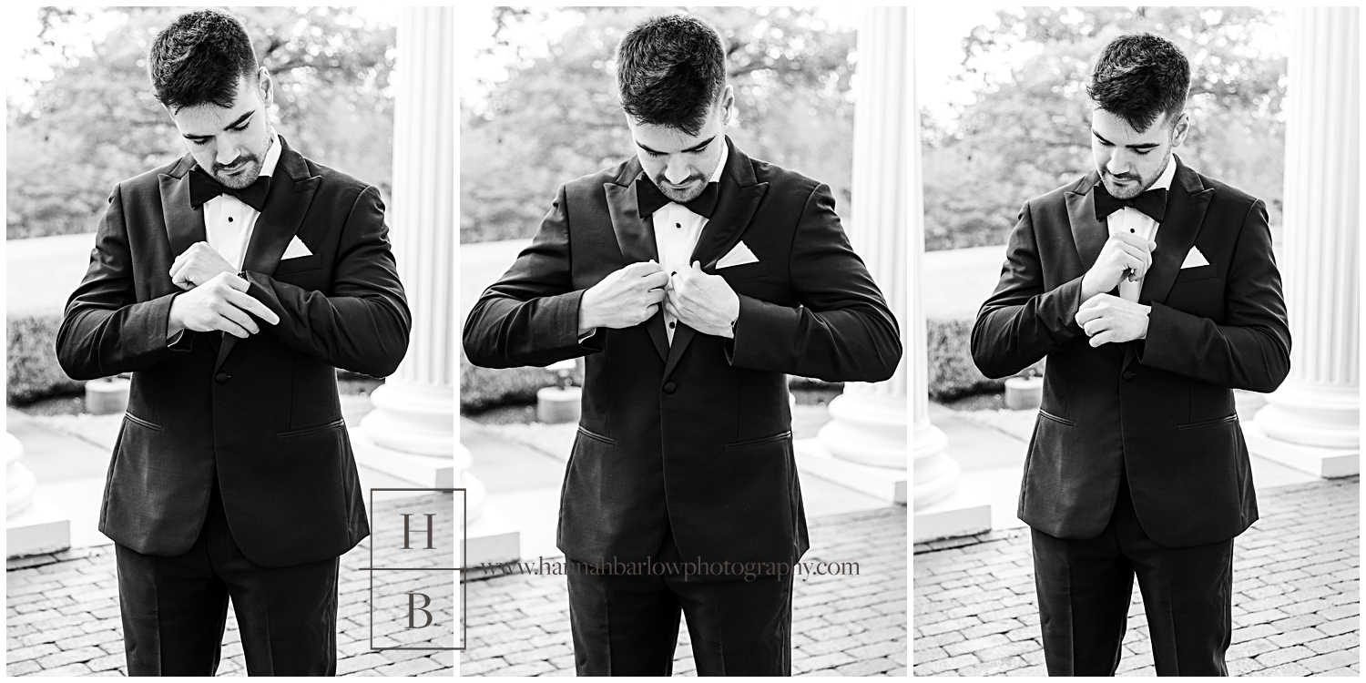 Black and white photos of groom adjusting his tux while waiting for bride.