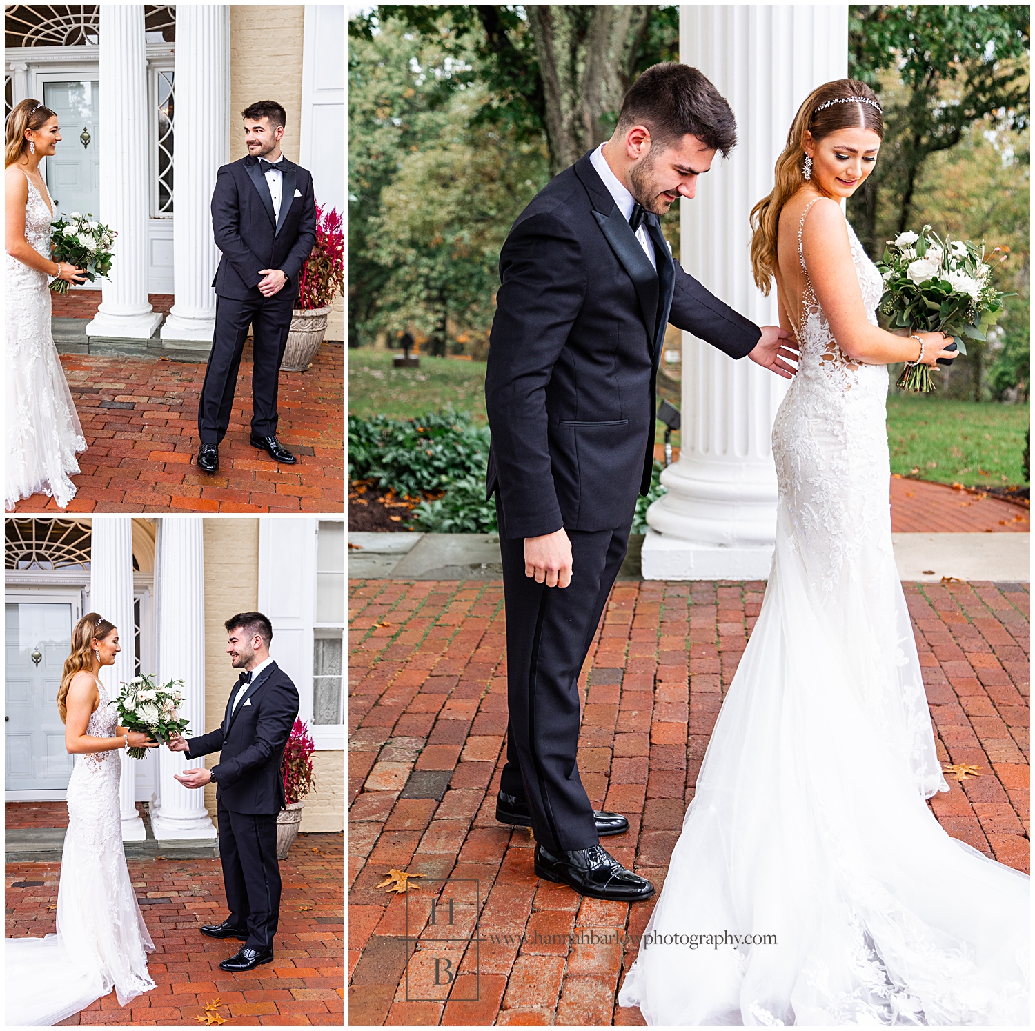 Grooms sees bride for first time and checks out dress details.