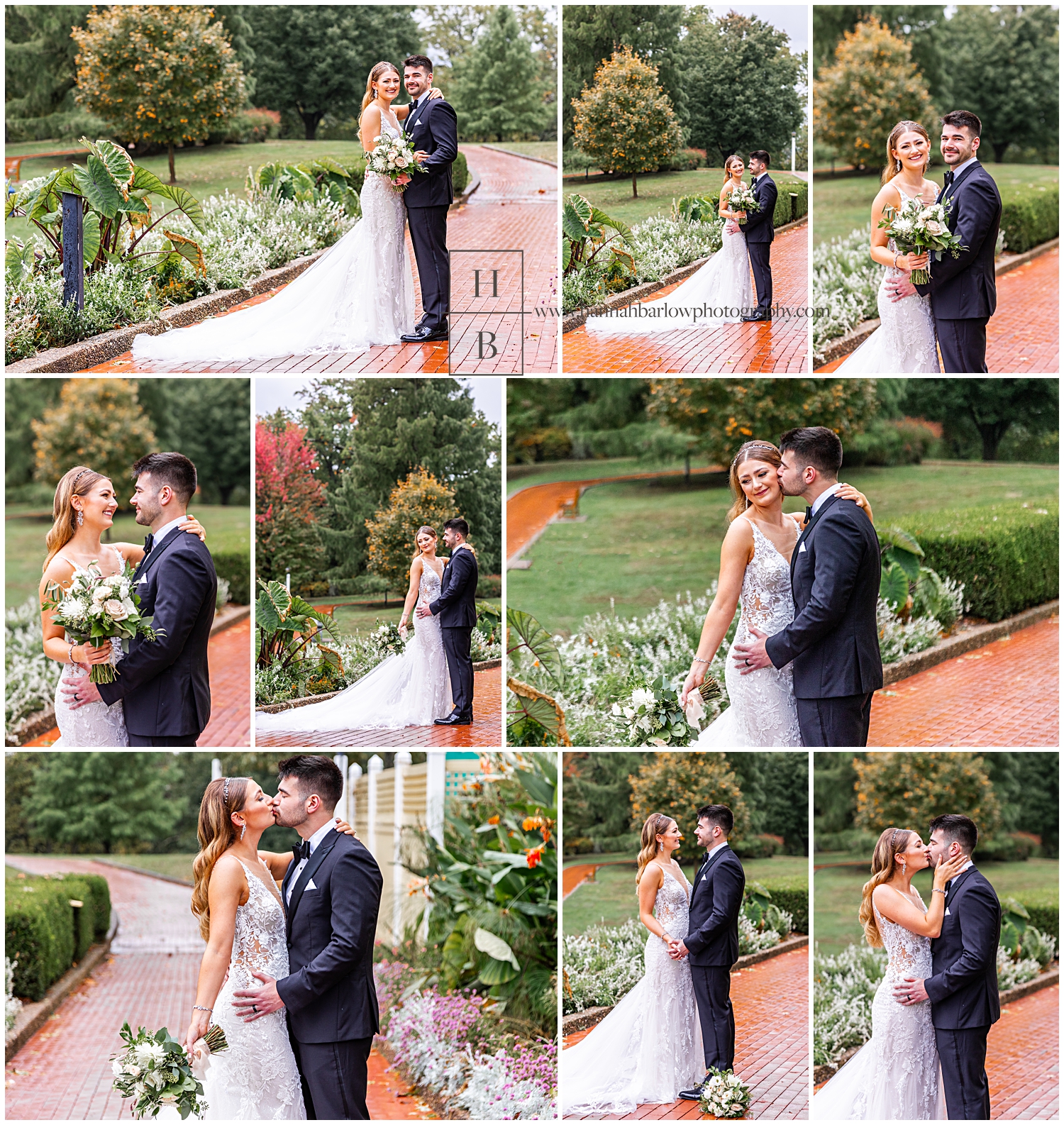 Collage of fall rainy wedding day photos with bride in white dress and groom in black tux.