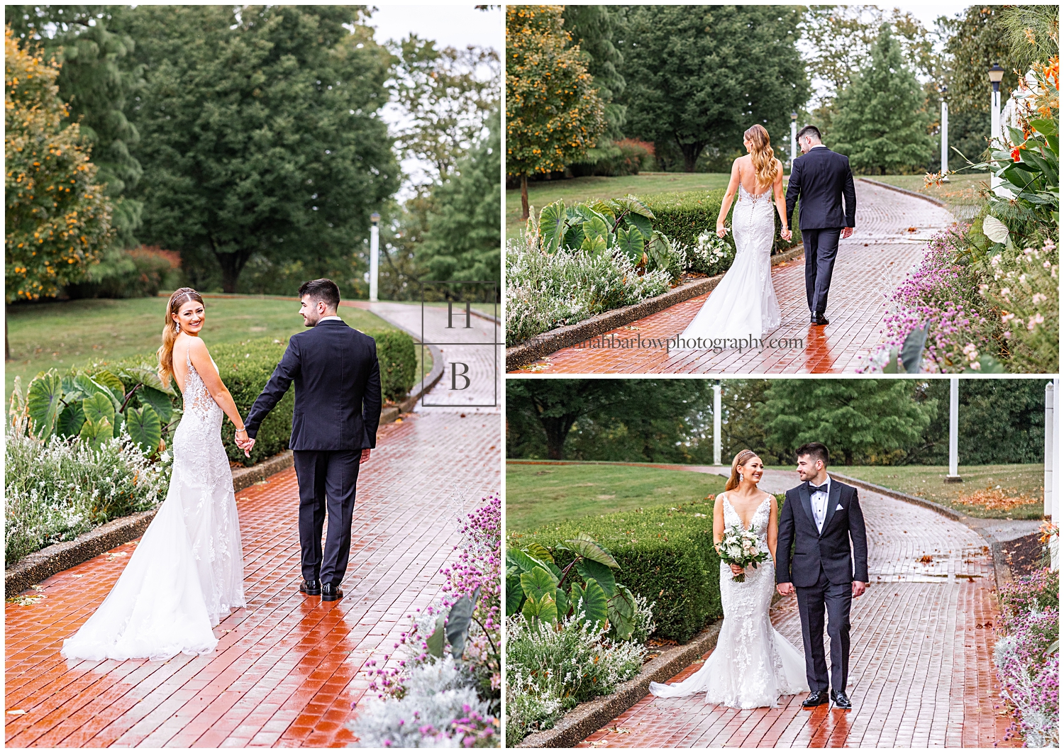 Bride and groom walk on rainy wedding day on wet, red brick path.