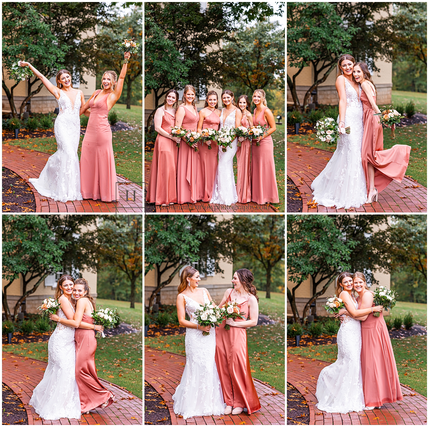 Bridesmaids in cedar rose dresses pose individually with bride.