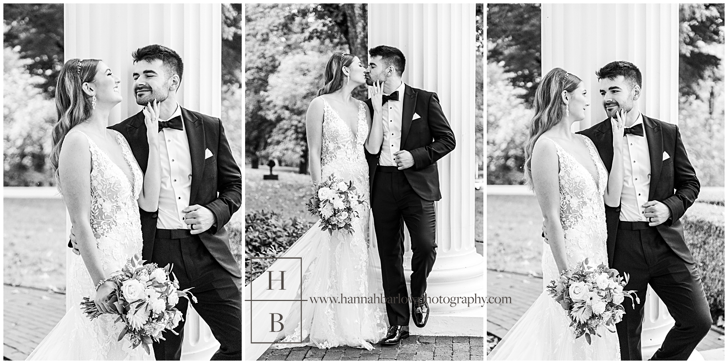 Black and white wedding photos of bride kissing groom.