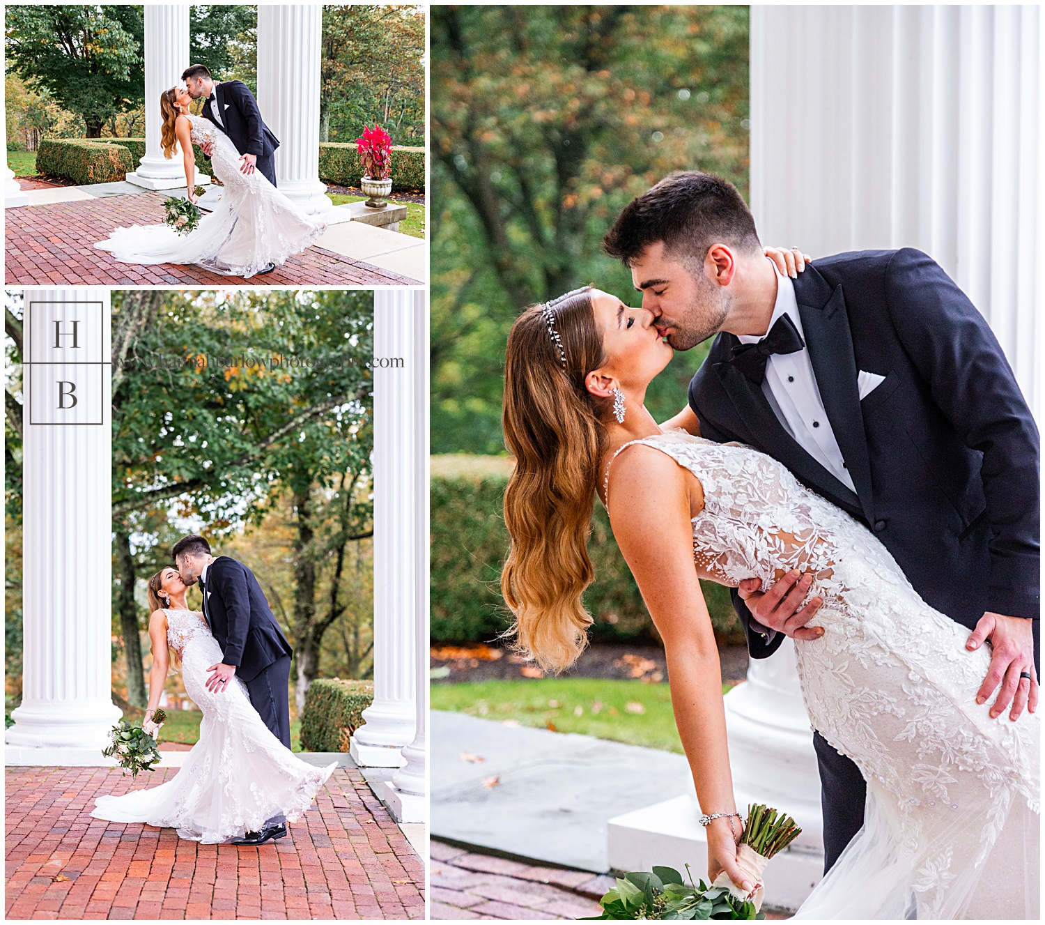 Groom dips beautiful glam dressed bride and kisses her.