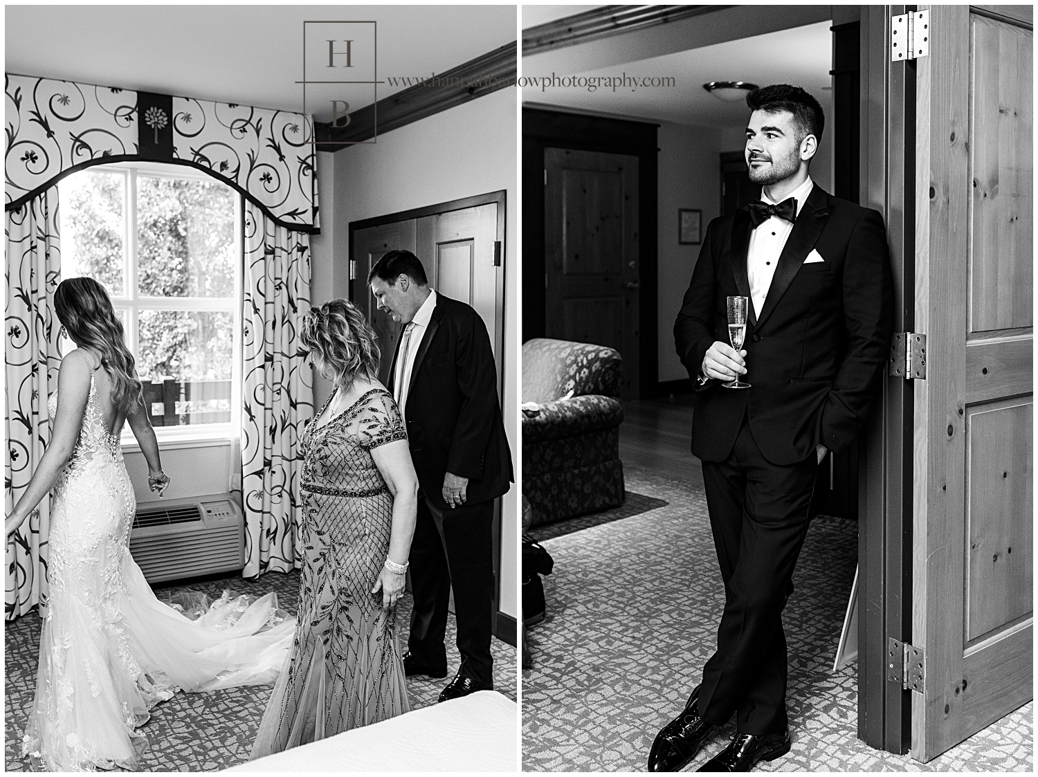 Groom leans against door and stares at brie while she has a first look with her father.