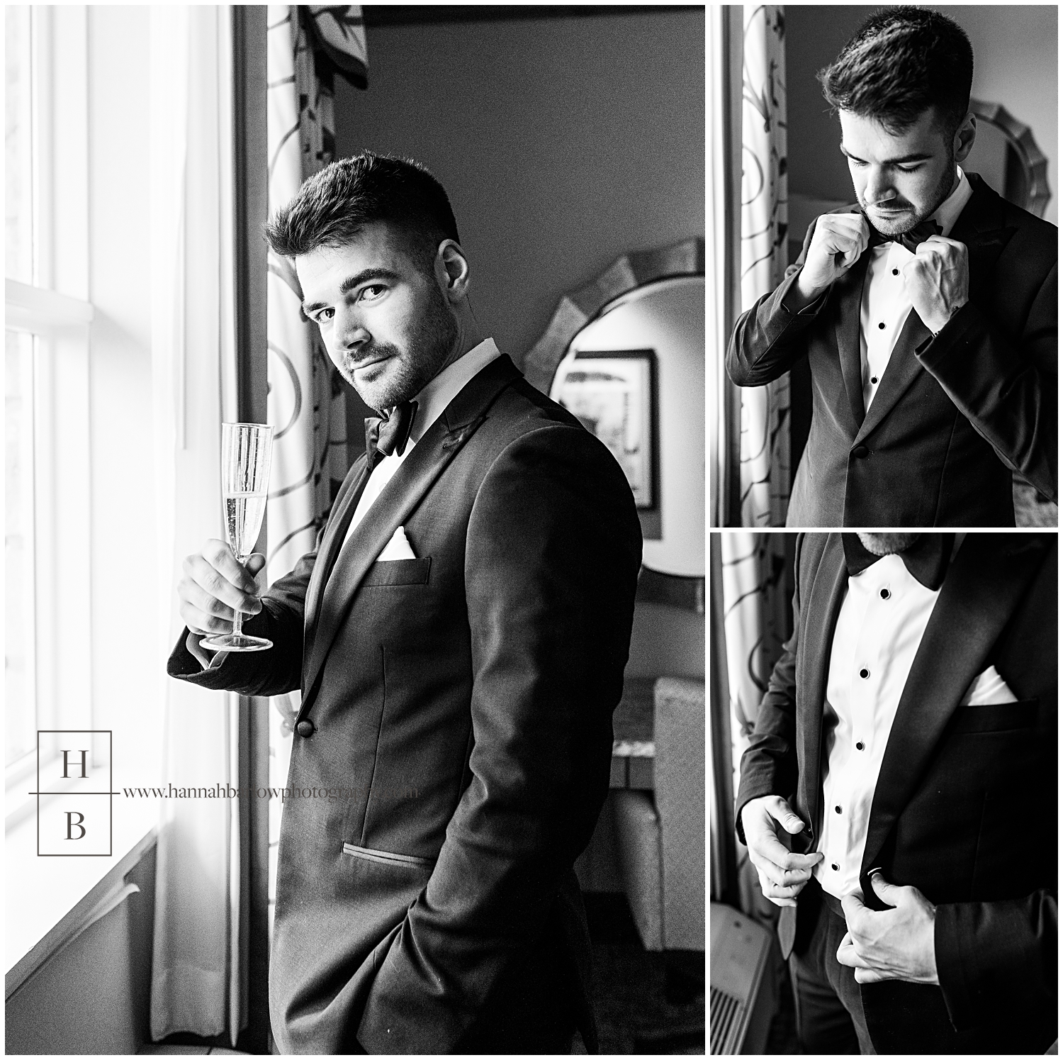 Black and white photos of groom standing my window holding a champagne glass.