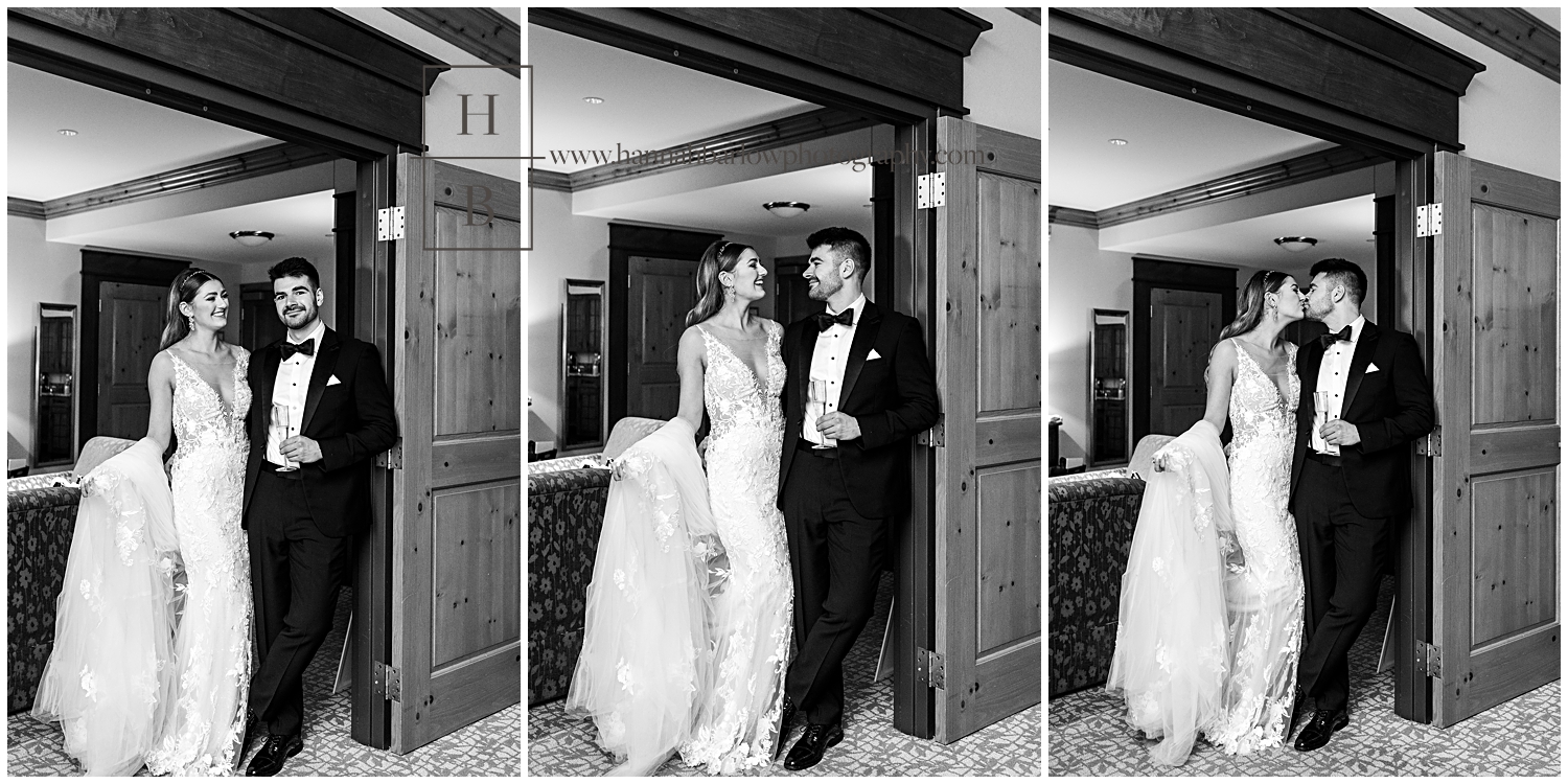 Black and white photos of groom leaning in doorway and bride embracing him holding train.