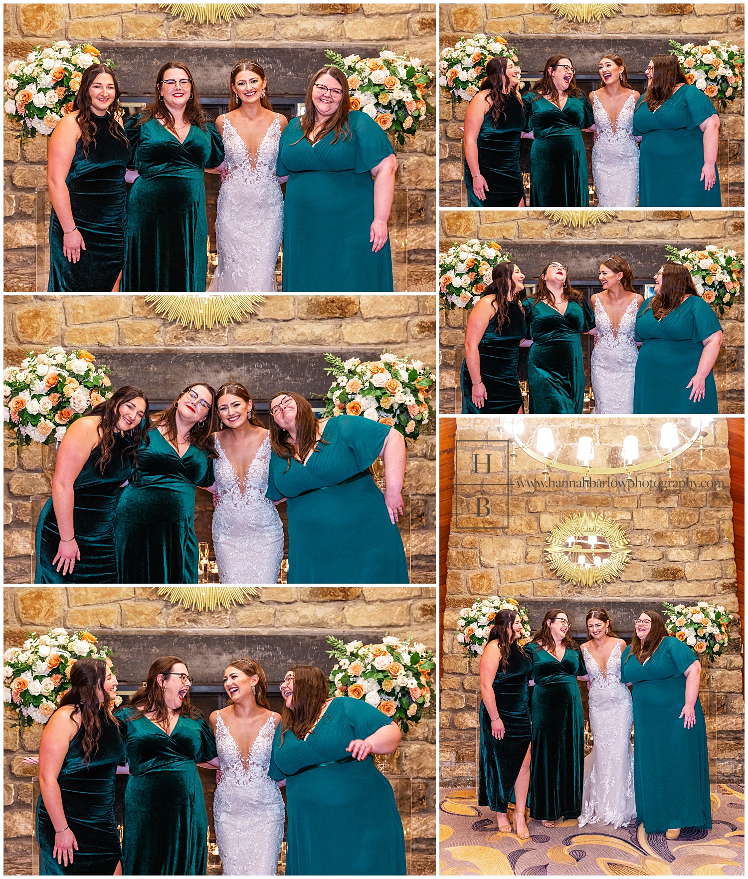 Bride poses with groom's sisters who wear complimenting green dresses.