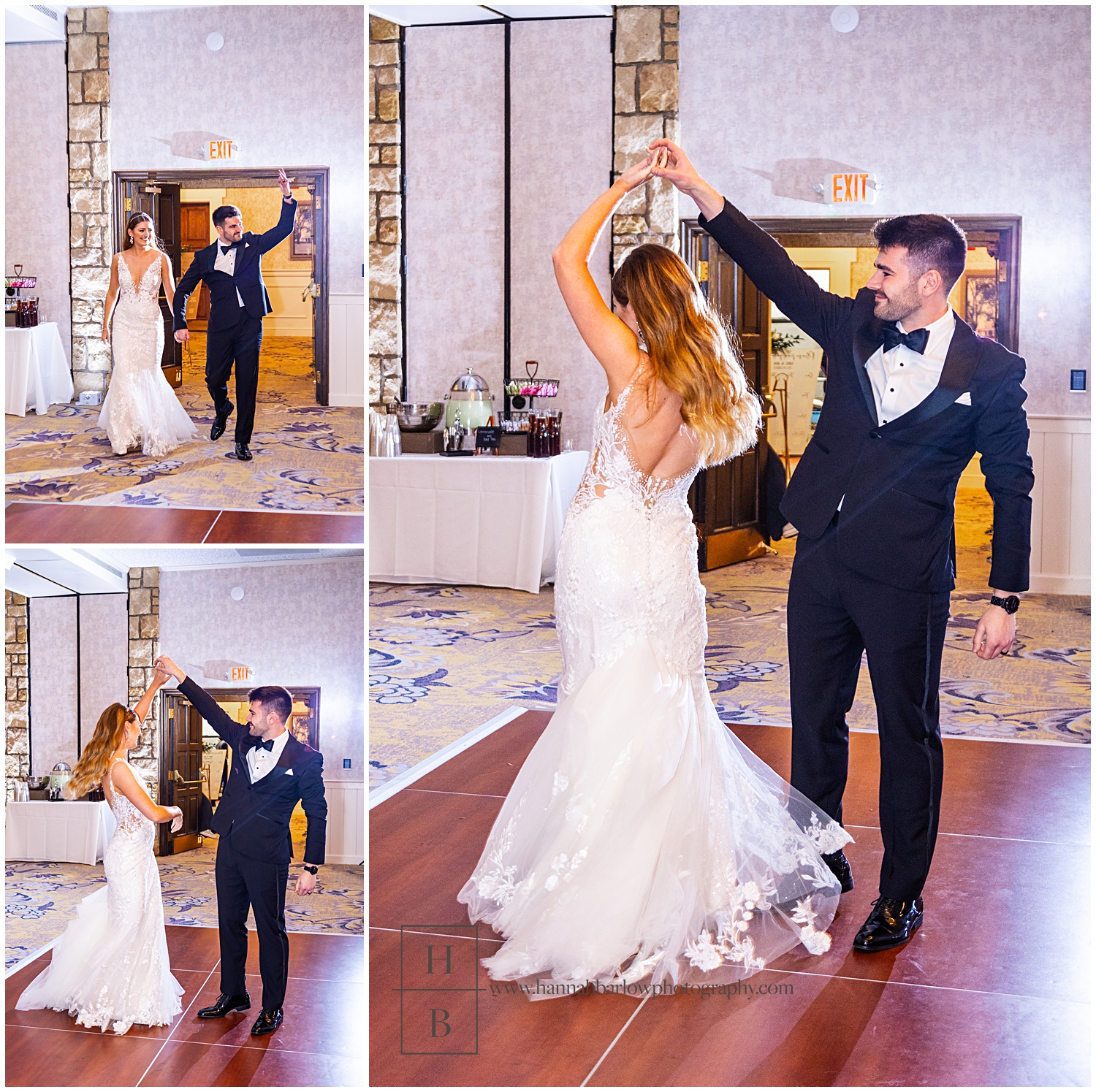 Bride and groom enter reception and groom spins bride.