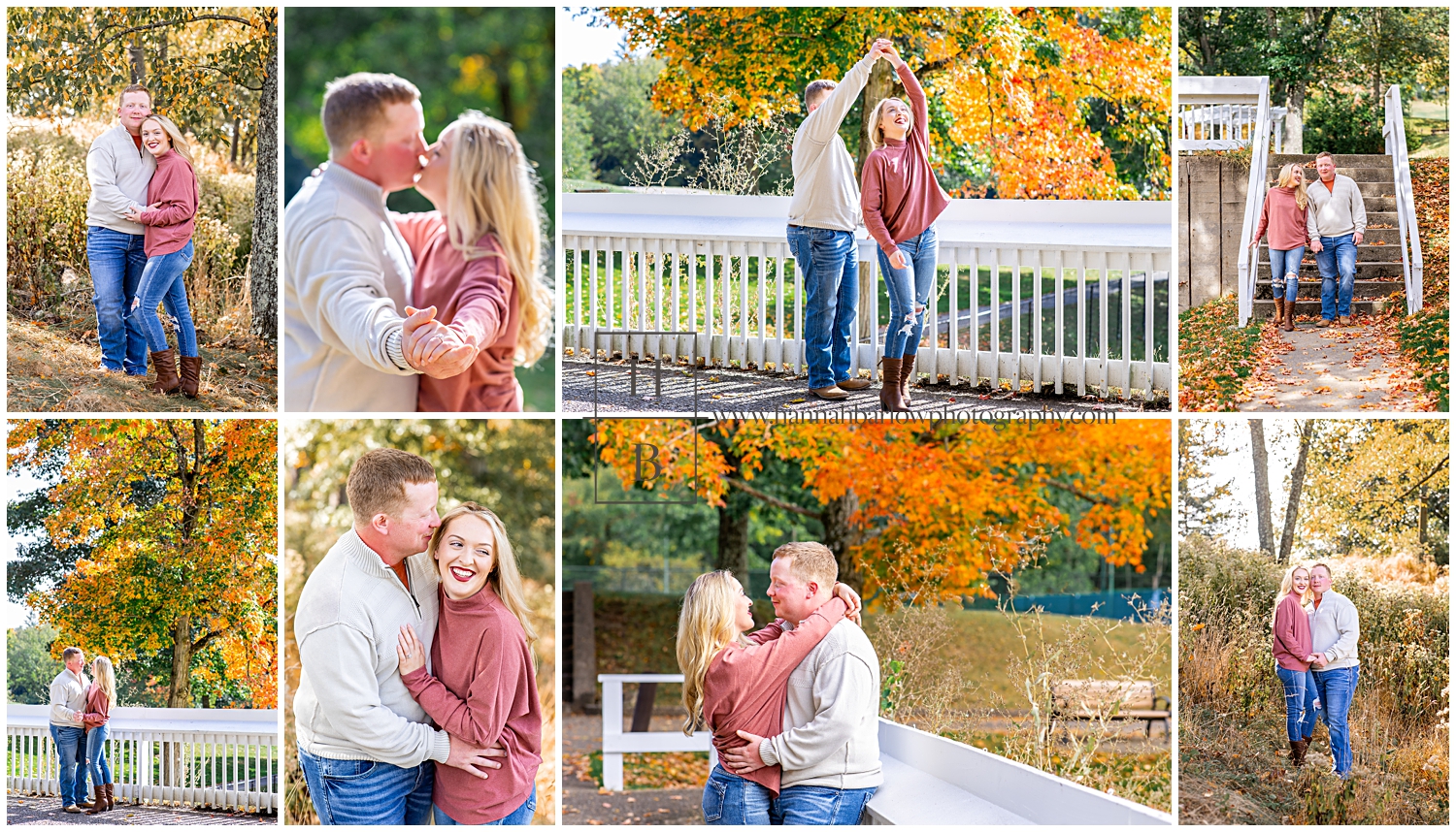 Couple stands by white fence in fall for engagement session photos.