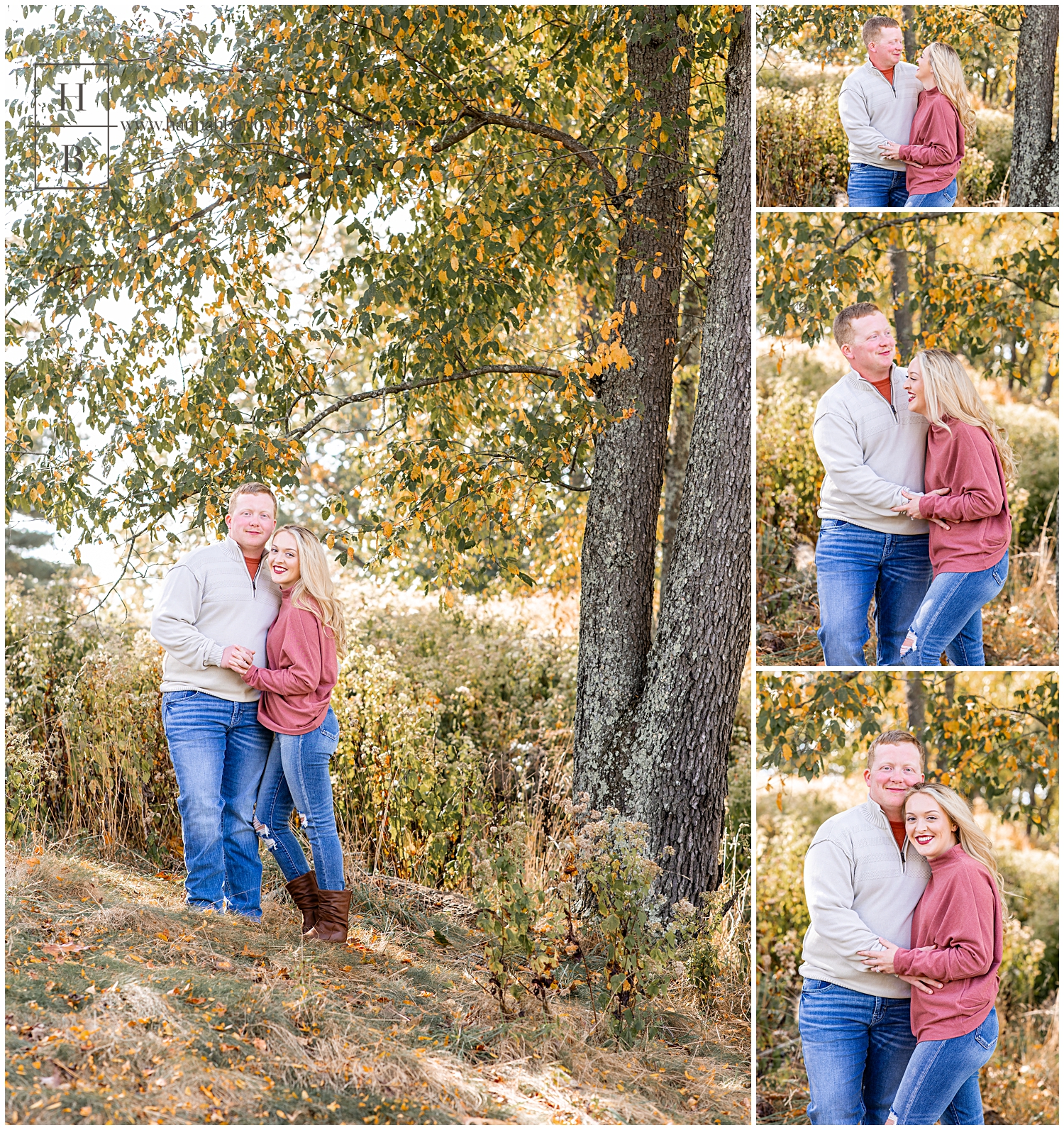 Couple stands by tree in fall brush and leaves for engagement photos.