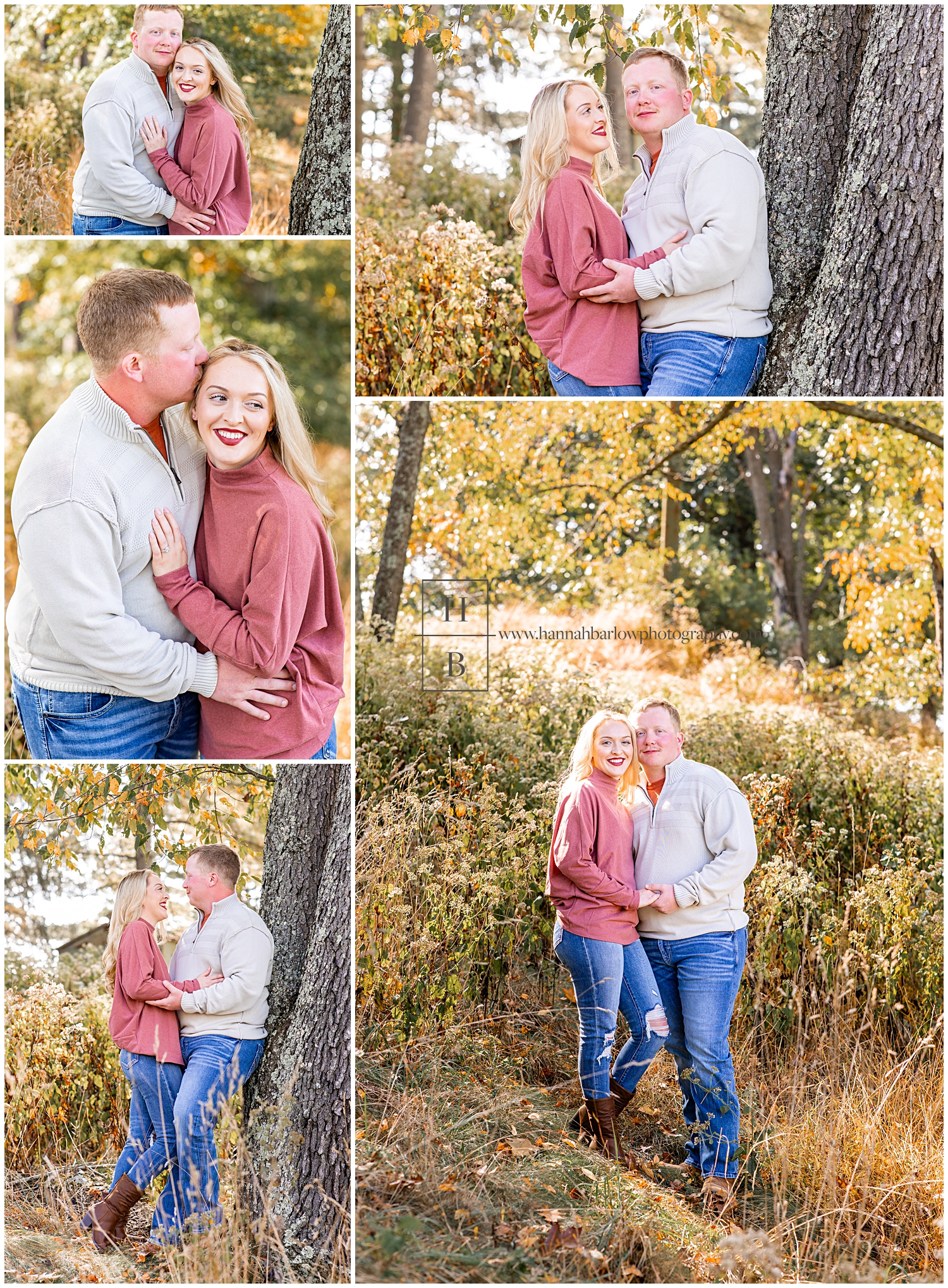 Couple embraces and kisses in fall field for engagement photos.