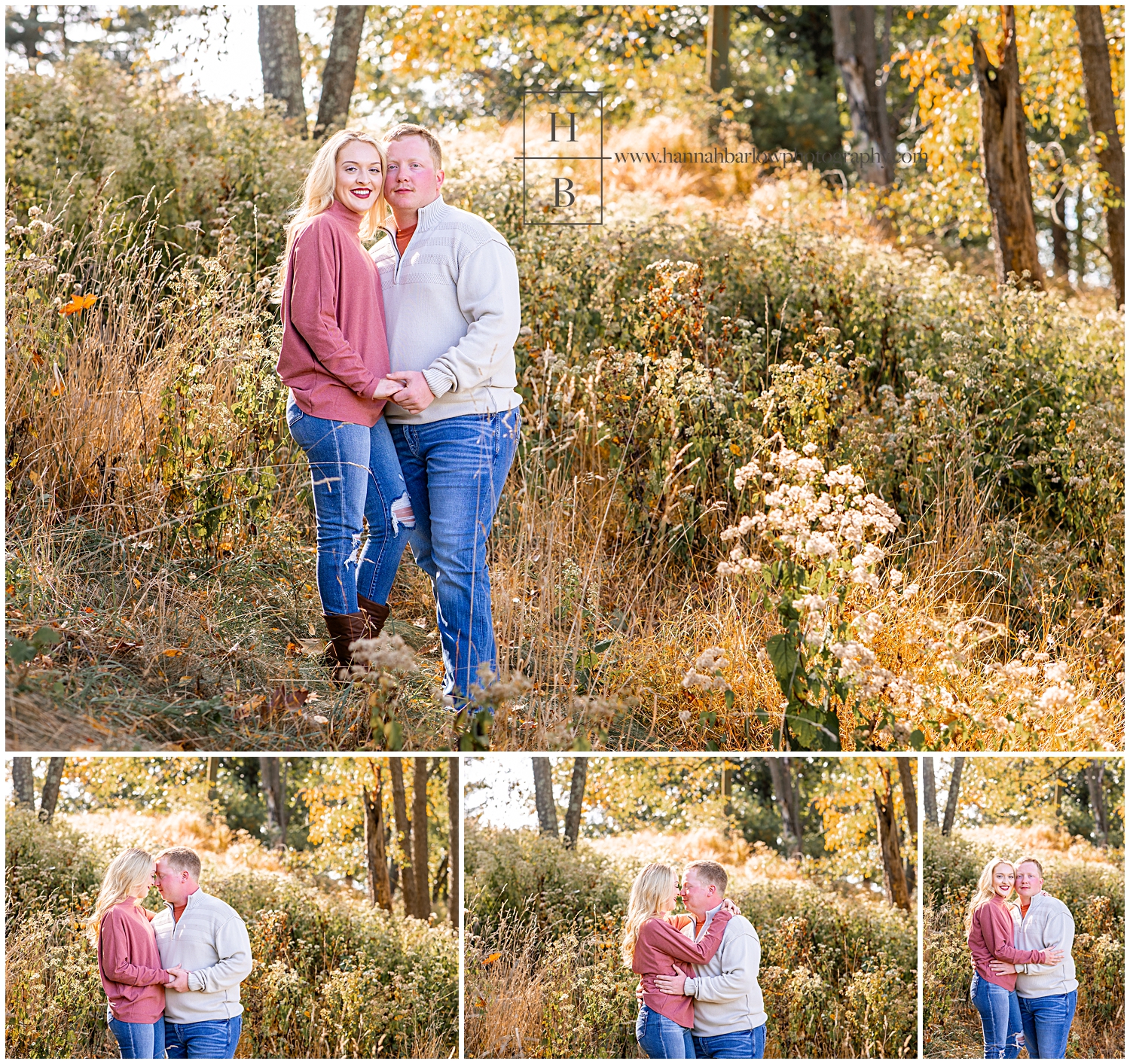 Couple stands and poses for engagement photos for fall photos.