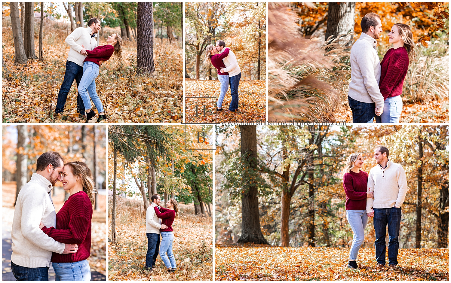 Collage of couple posing for engagement photos in fall foliage and orange leaved trees