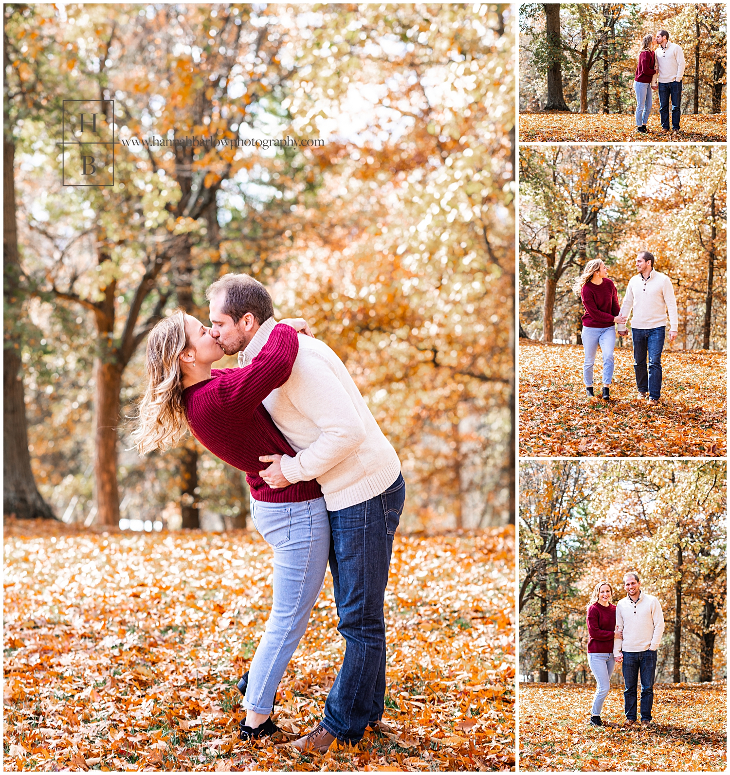 Man in white sweater kisses woman in red sweater in orange fall leaf forest