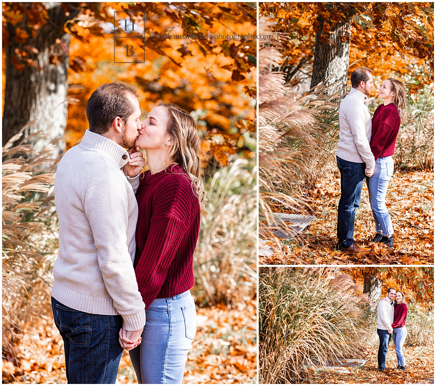 Man kisses fiancé in fall foliage with tall grass