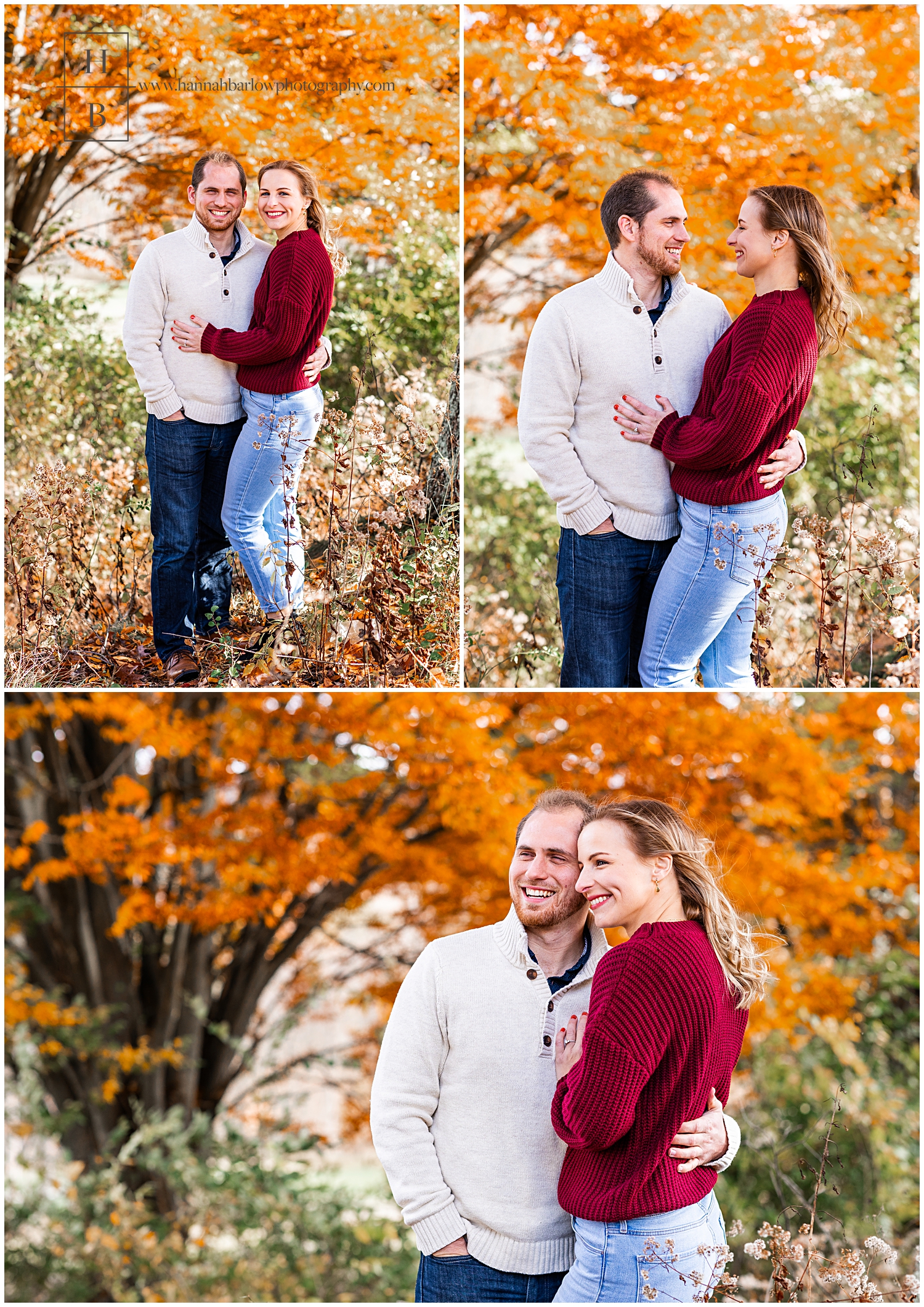 Couple embraces in fall foliage for engagement photos