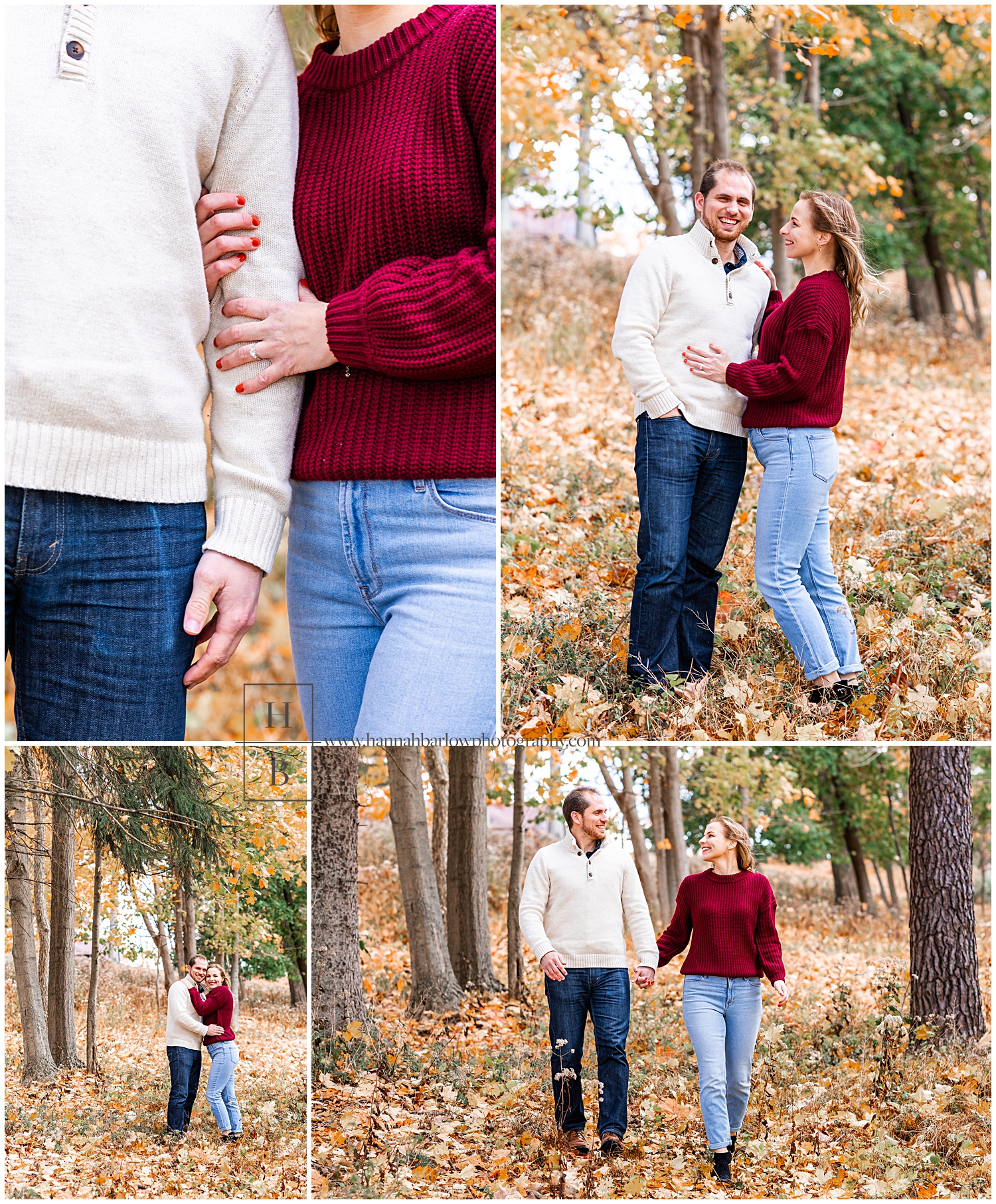 Woman holds fiancé's arms for engagement photos while standing in orange leaves.