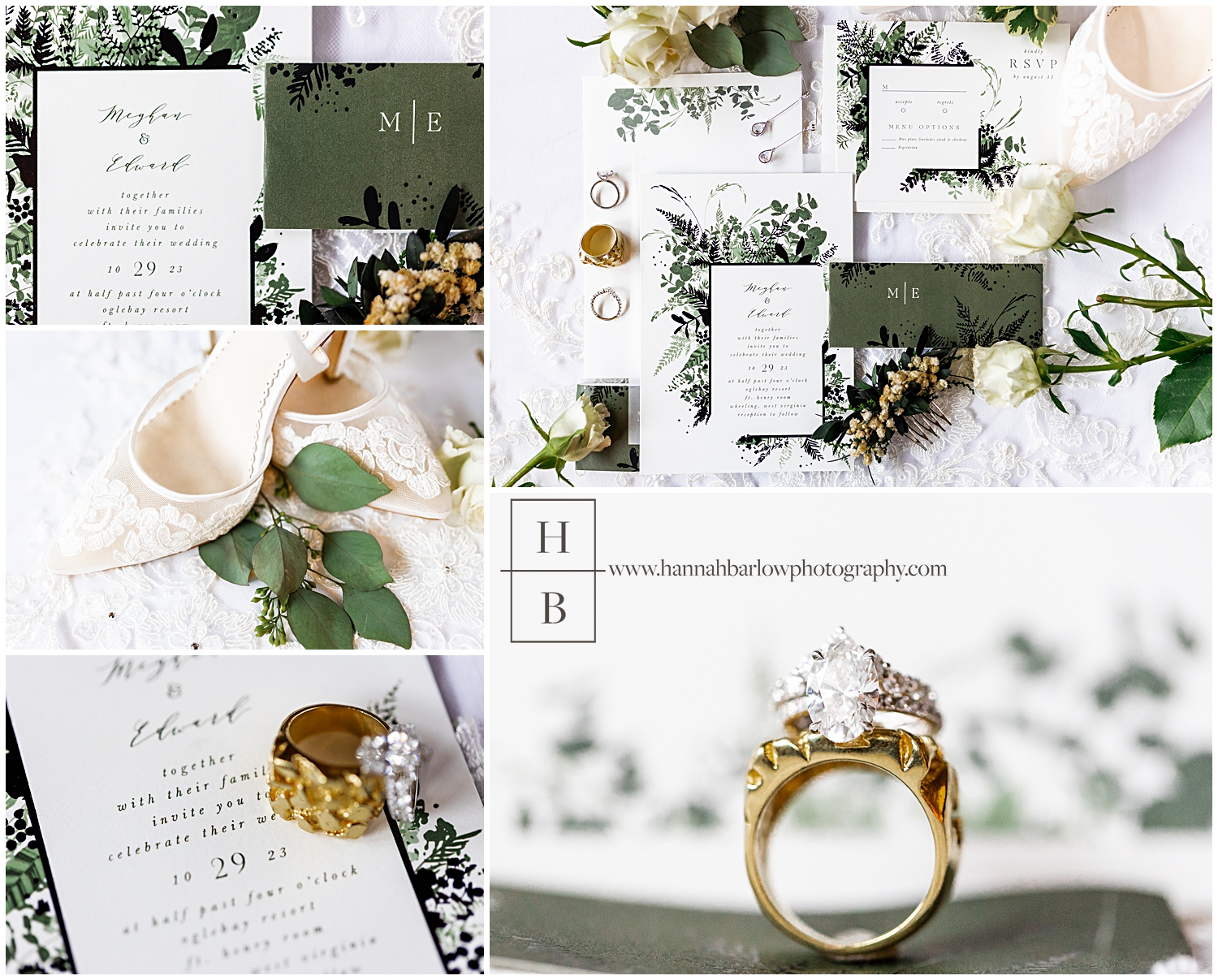 Green black and ivory wedding details are featured