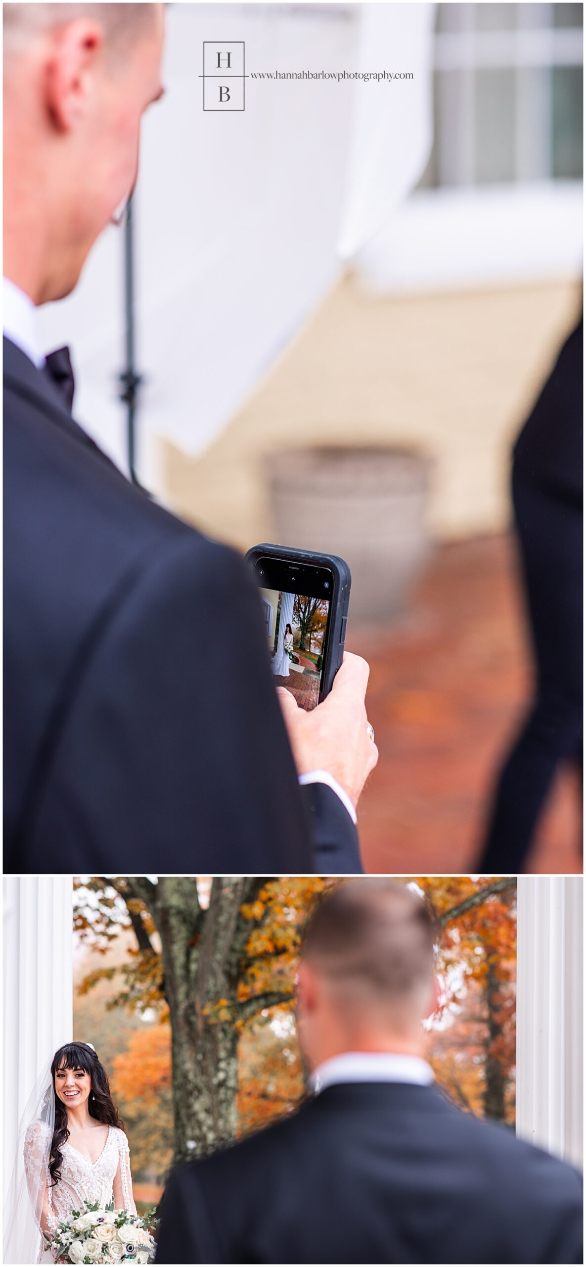 Groom takes photos on his phone of bride posing