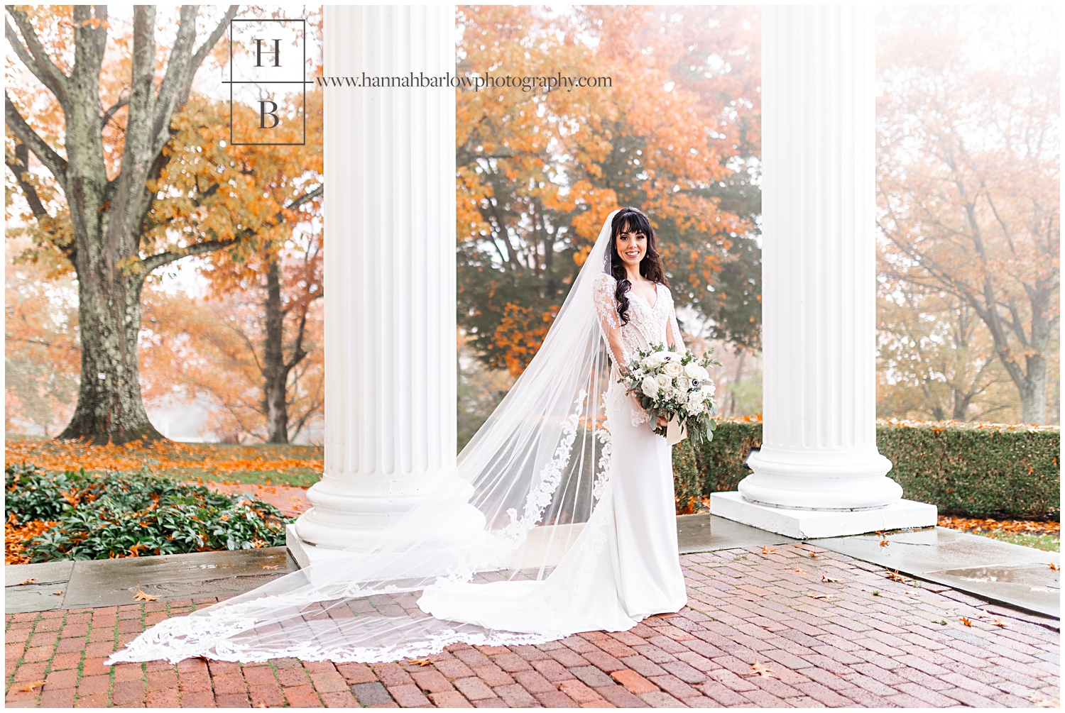 Bride poses with fall foliage and fog behind her