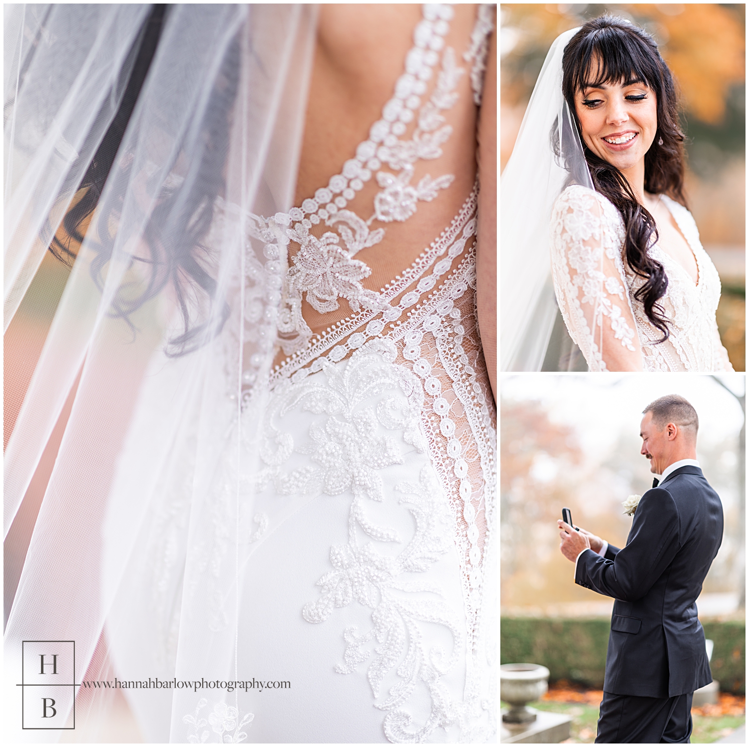 Bridal gown details are featured