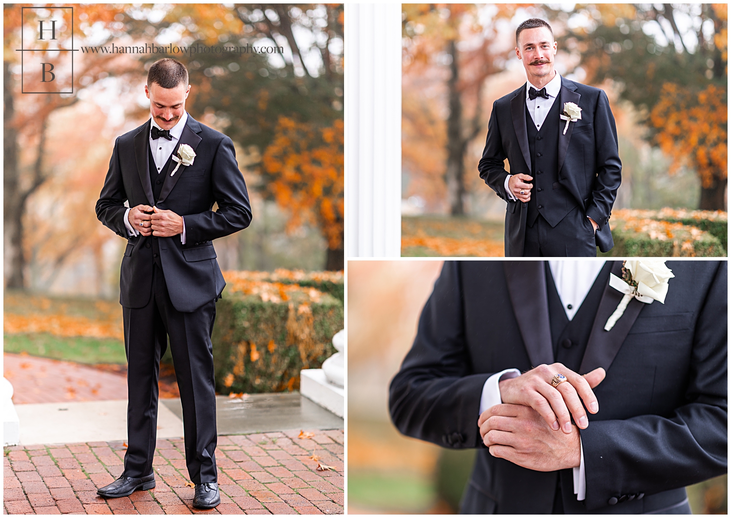 Groom in black tux poses in front of orange fall foliage trees