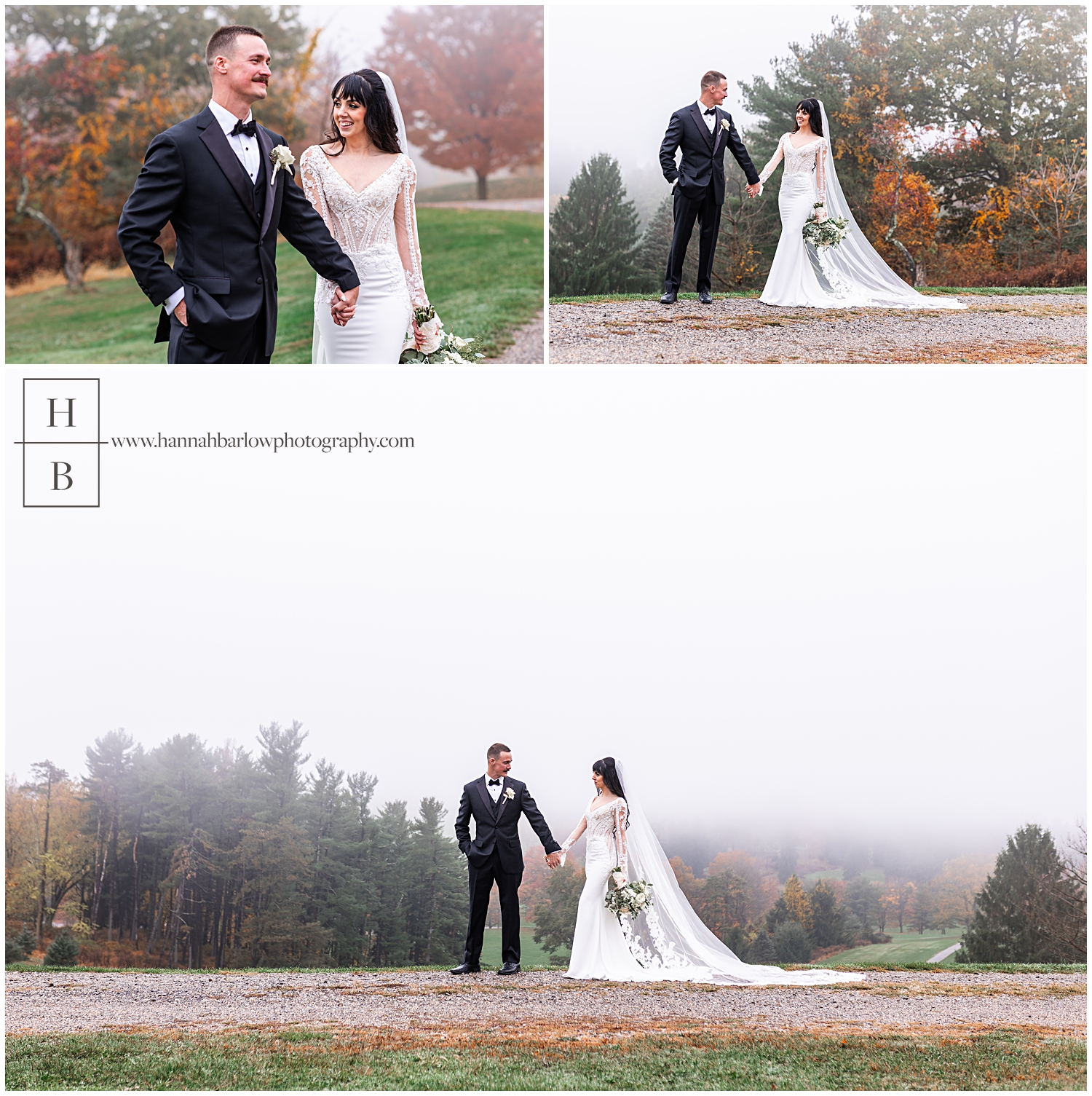 Bride and groom pose on hill top for foggy wedding photo