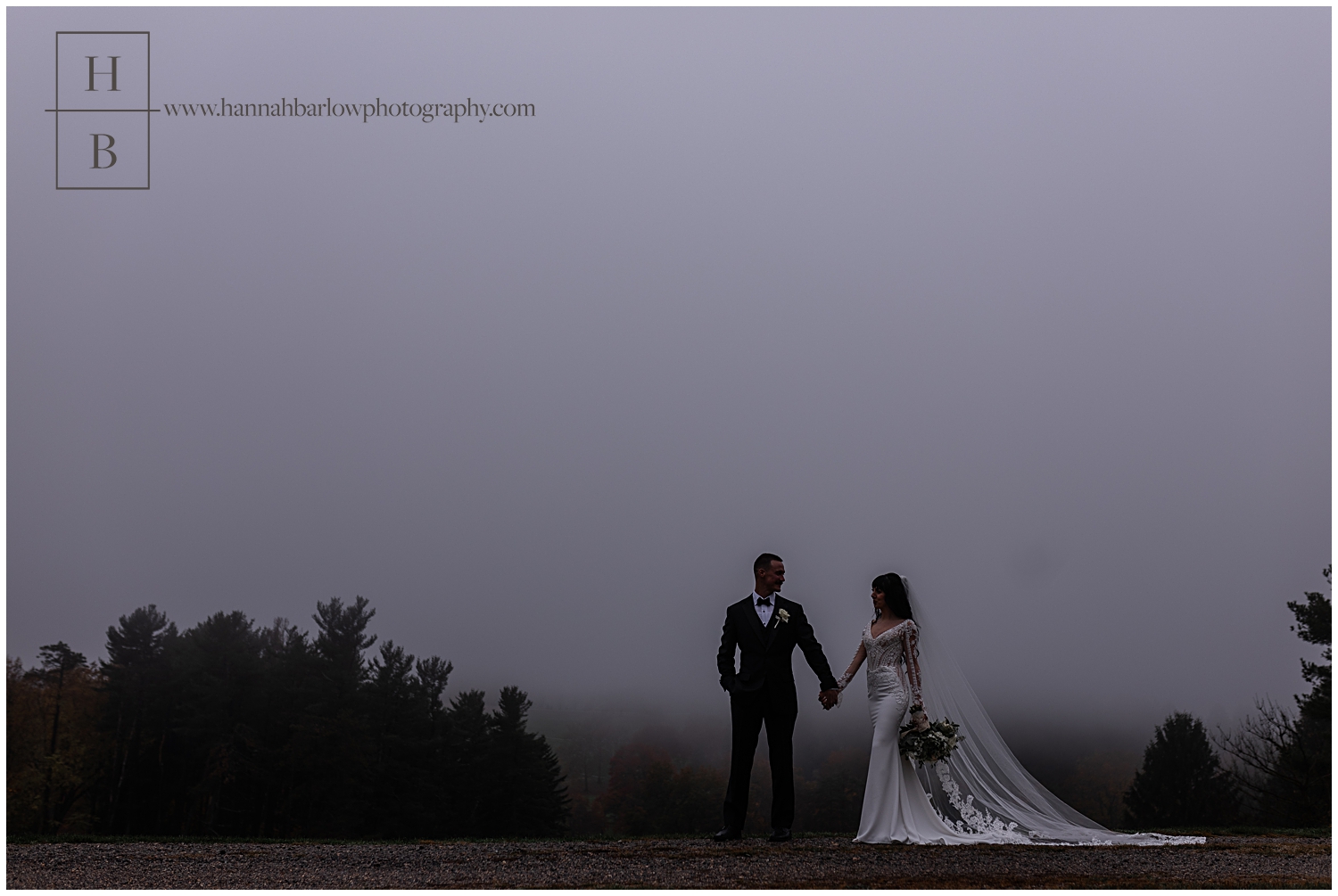 Dark foggy wedding photo of bride and groom