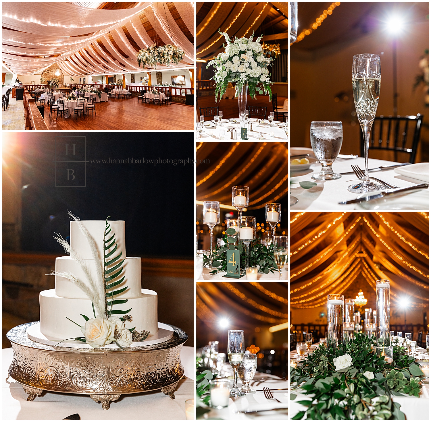 Warm gold wedding reception details are featured